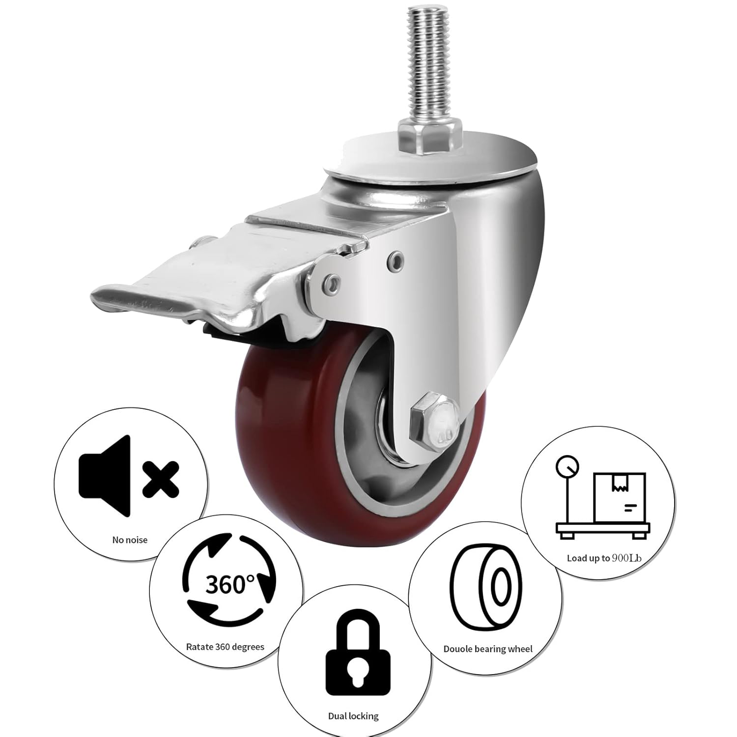 AOCHENLY Caster Wheels, Heavy Duty Castors PU Wheels M12-1.75x1-1/5 Threaded Stem Casters Swivel Casters with Double Brakes Set of 4 (M12-1.75x1-1/2,3 Inch)