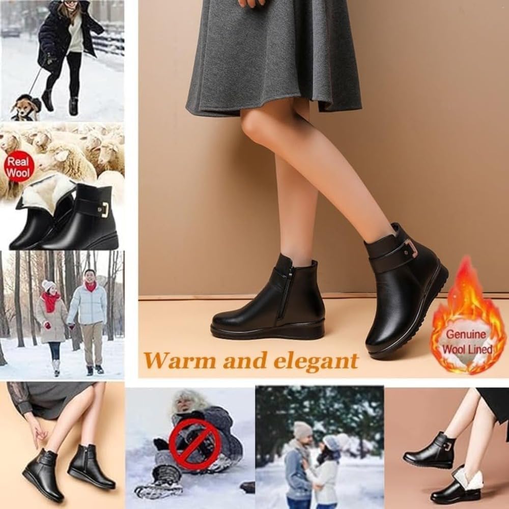 Women's Metal Buckle Genuine Leather Wool Orthopedic Boots Winter Warm Non-slip Side Zipper Leather Ankle Snow Boots