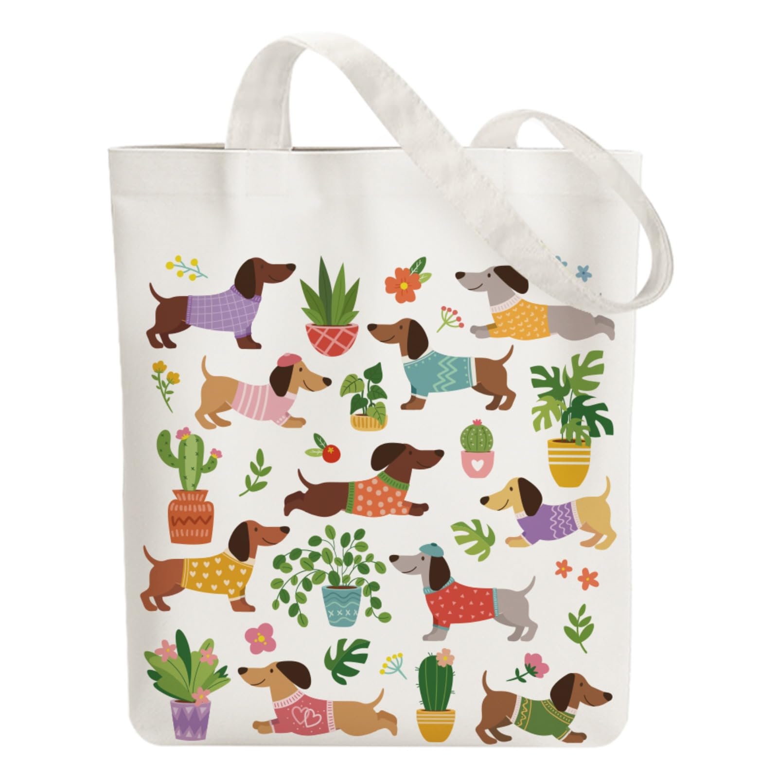 ANATTASOUL Canvas Tote Bag Dachshund and Potted Plant Reusable Cotton Bag for Women, 15.74"x14.96" Durable and Foldable Cloth Shoulder Bags with Zip Pockets for Shopping, Vacation, Work, Gym