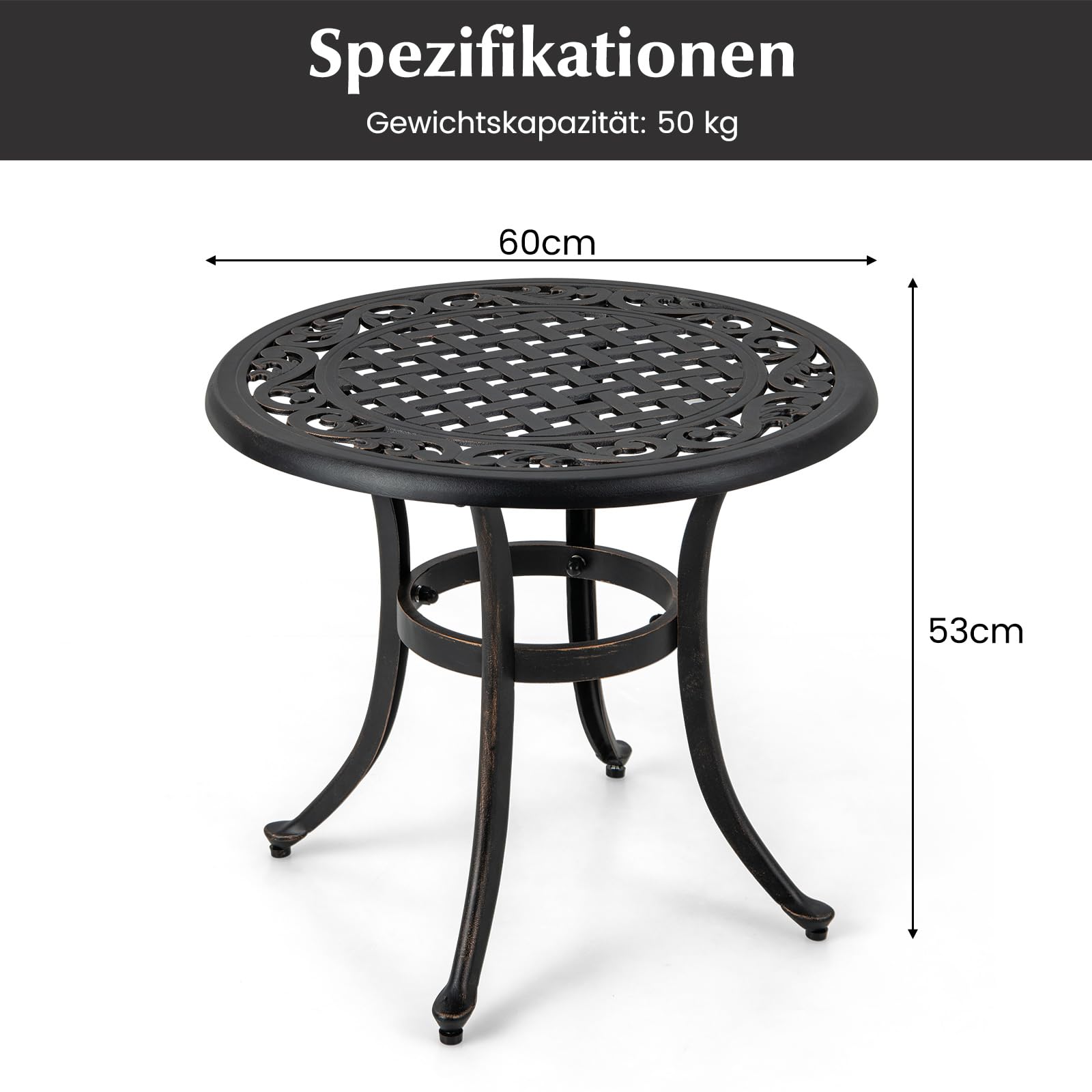 COSTWAY Stolik pomocniczy z odlewu aluminiowego, odporny na warunki atmosferyczne, regulowane podusze na nogach, okrągły stół ogrodowy do ogrodu, balkonu, 60x60x53