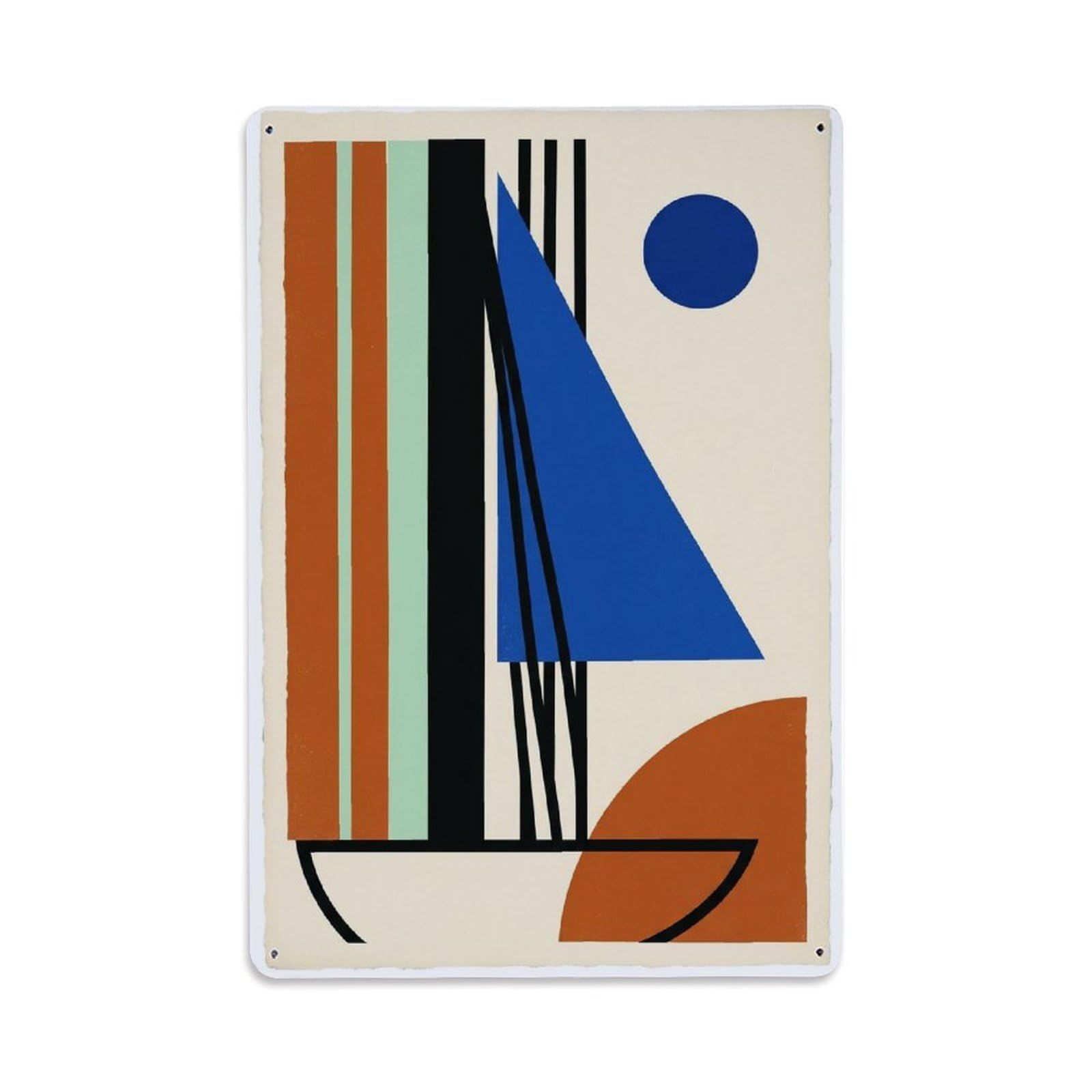 Vertical Shape Layout Seaside Sailboat Cream Ground Metal Tin Sign Plaque Wall Decor for Cafe, Man Cave, Club Bar, Office, Home Garden Round Metal Poster 8x12Inch