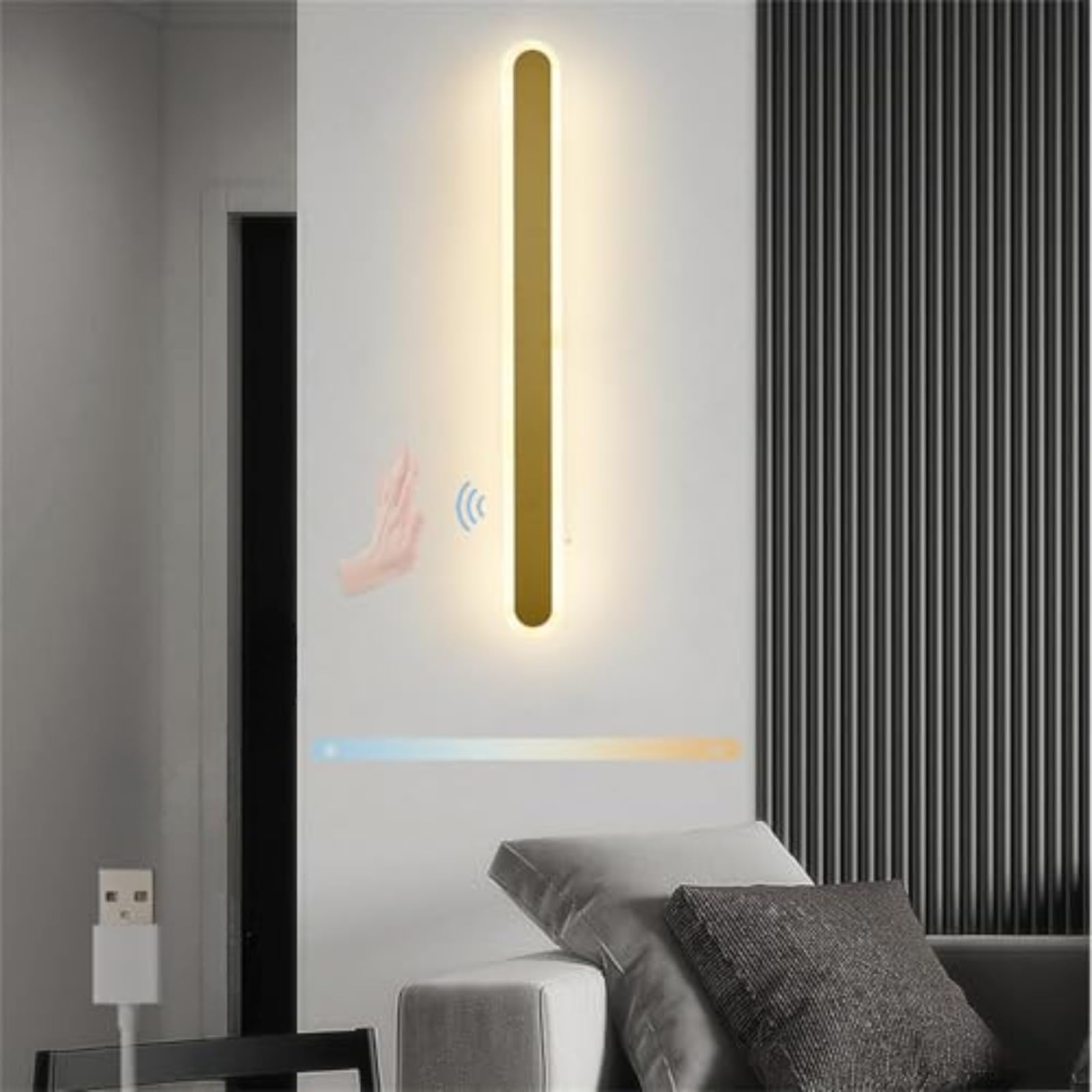 HYJAUSXB Rechargeable LED Wall Lamp with Motion Sensor 3 Color Modes Dimmable USB Powered Battery Operated Perfect for Kitchen and Home Decor (Gold 80cm)