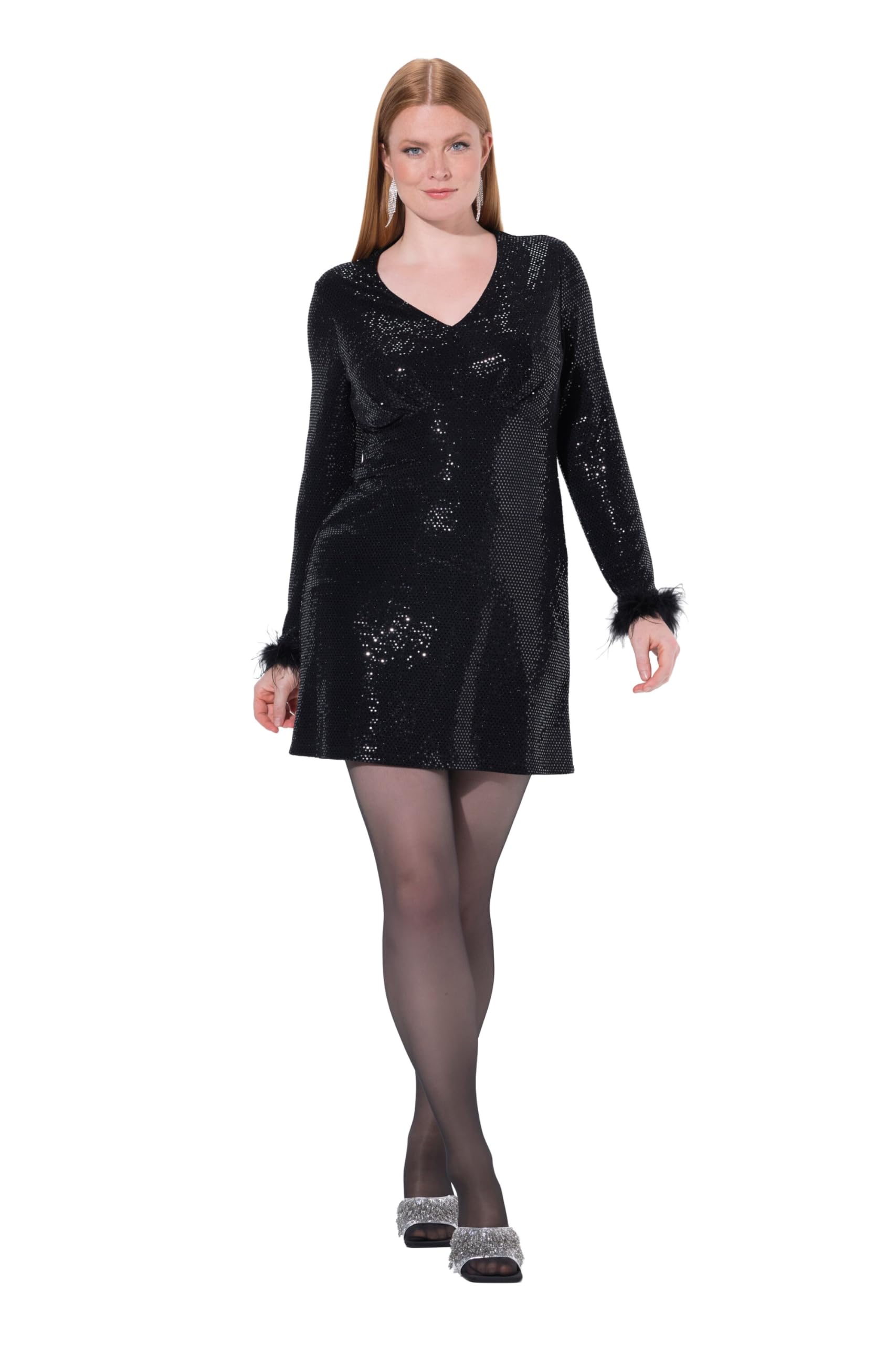 Ulla Popken Damen große Größen Übergrößen Plus Size Bodycon-Kleid, Pailletten, V-Ausschnitt, Langarm, Federn 845145