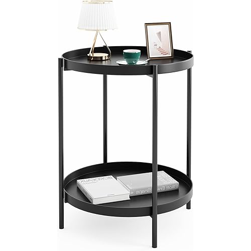 Fixwal Black Round End Table, Small Metal Side Table with Removable Tray for Living Room Bedroom Balcony Patio and Office
