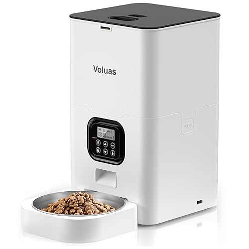 VOLUAS Automatic Cat Feeders - Pet Food Dispenser for Dry Food, Timed Cat Feeder with Desiccant Bag, Programmable Portion Size Control 4 Meals Per Day, 10s Voice Recorder