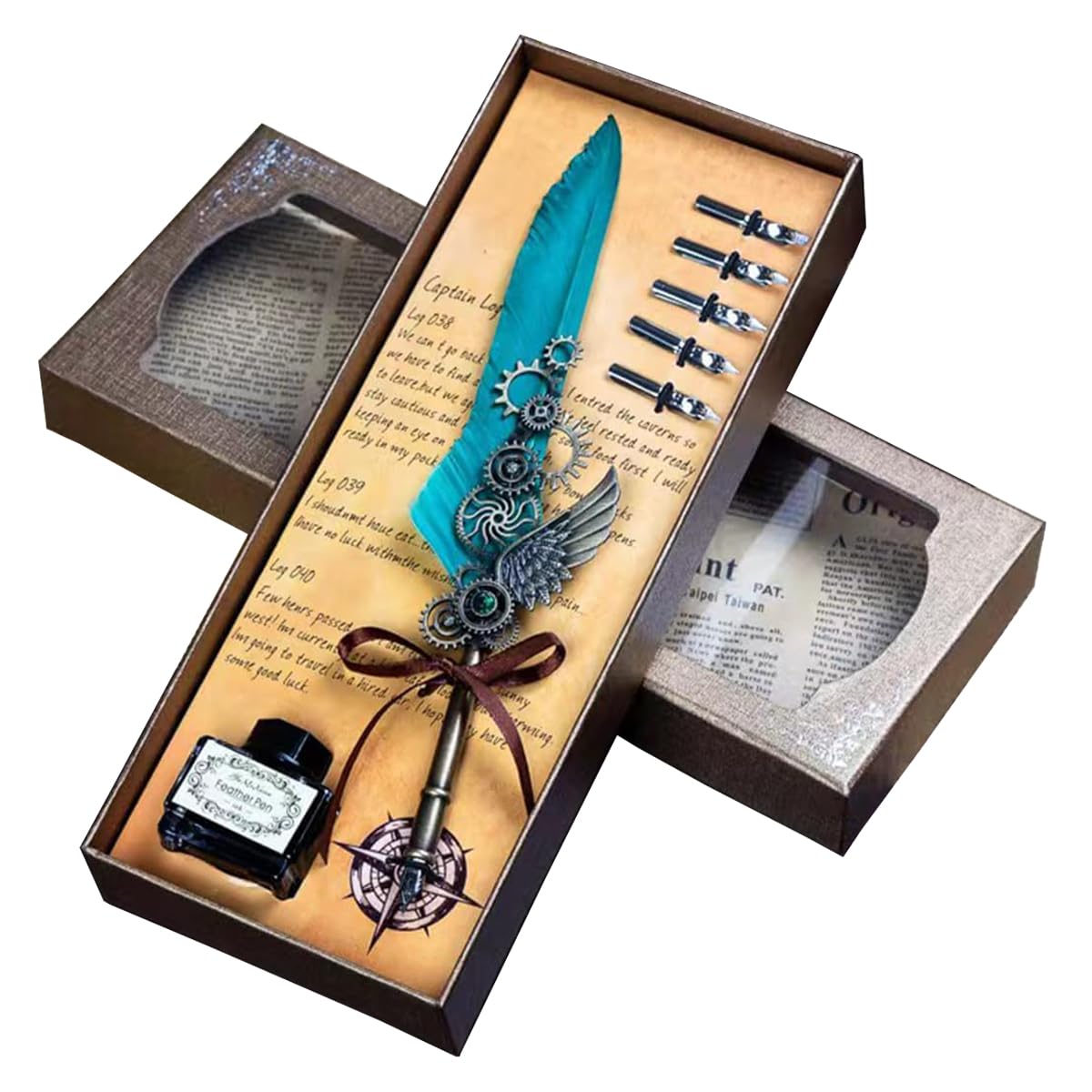 Quill Feather Pen and Ink Set,Calligraphy Set,Calligraphy Kits Include Antique Quill Feather Pen,5Nibs,1 Bottles Inks,Pen Holder for Beginners Birthday Gift (European Green)