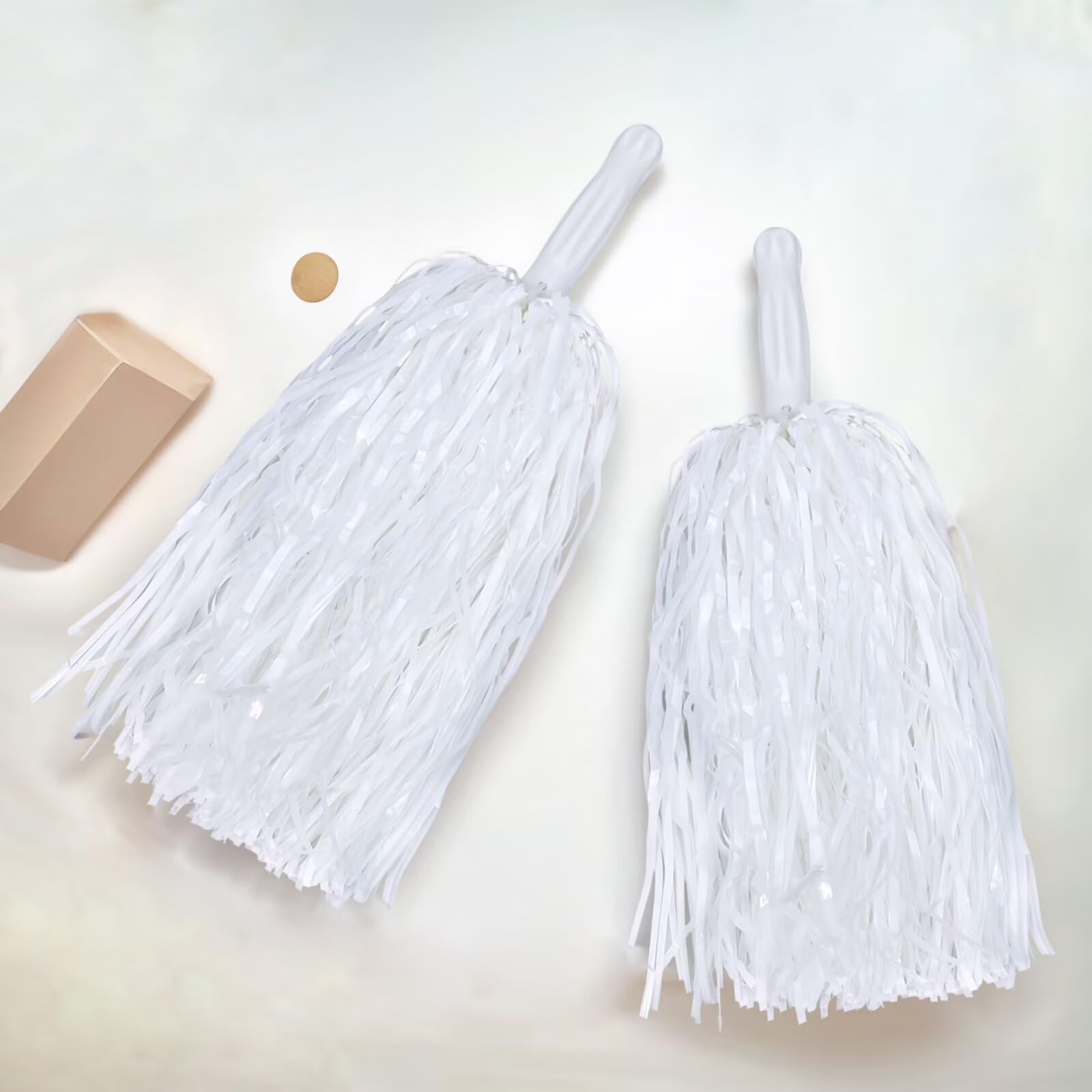2 pompones blancos de animadora de papel metálico para escuadrones deportivos, bailes, fiestas, fútbol, baloncesto, celebración de actuaciones espirituales