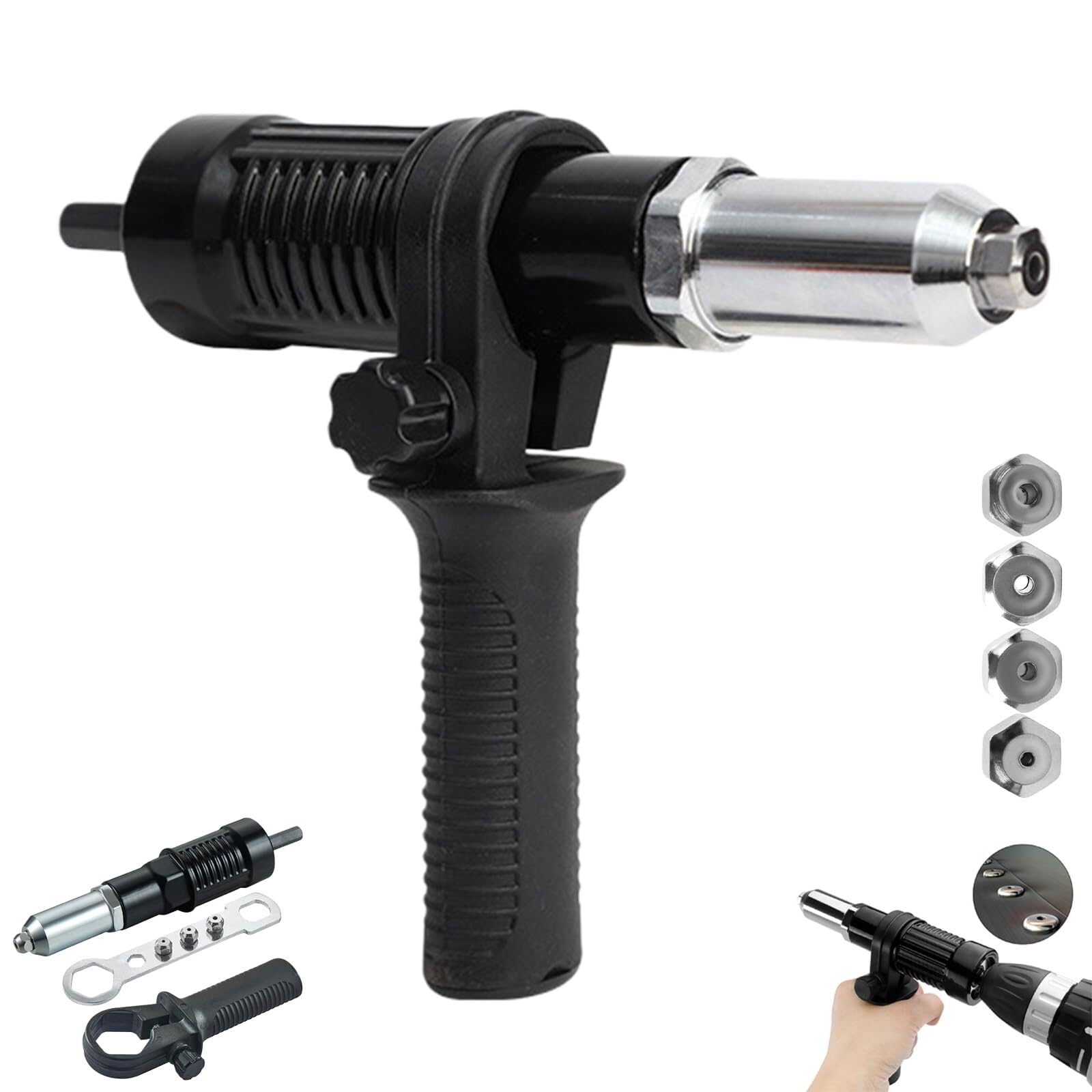 Kit D'adaptateur De Pistolet À Riveter Électrique Professionnel For Perceuse – Poseur D'écrous 4 Têtes Avec Poignée Ergonomique(1Pc)