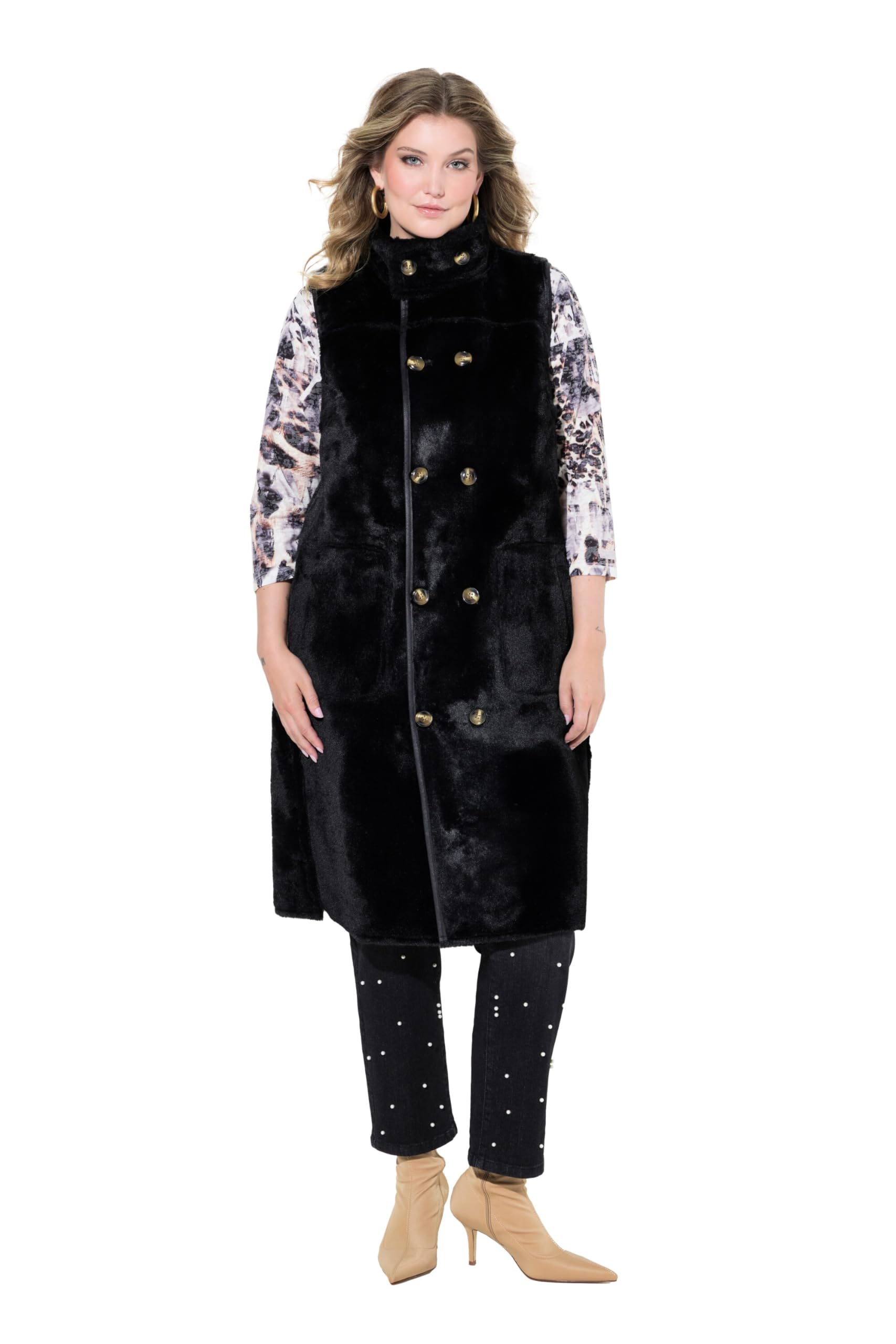 MIAMODA Damen große Größen Übergrößen Plus Size Wende-Weste, Lederoptik/Teddyplüsch, Seitenschlitze 833990