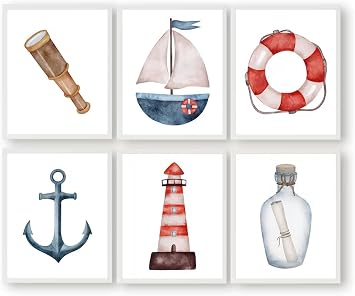 Nautical Wall Art Print - Lighthouse Anchor Ship Wheel Compass Telescope Poster for Sail Boat Coastal Nursery, Sea Boy Room Decor, 6PCS Unframed, 8"x10" inch