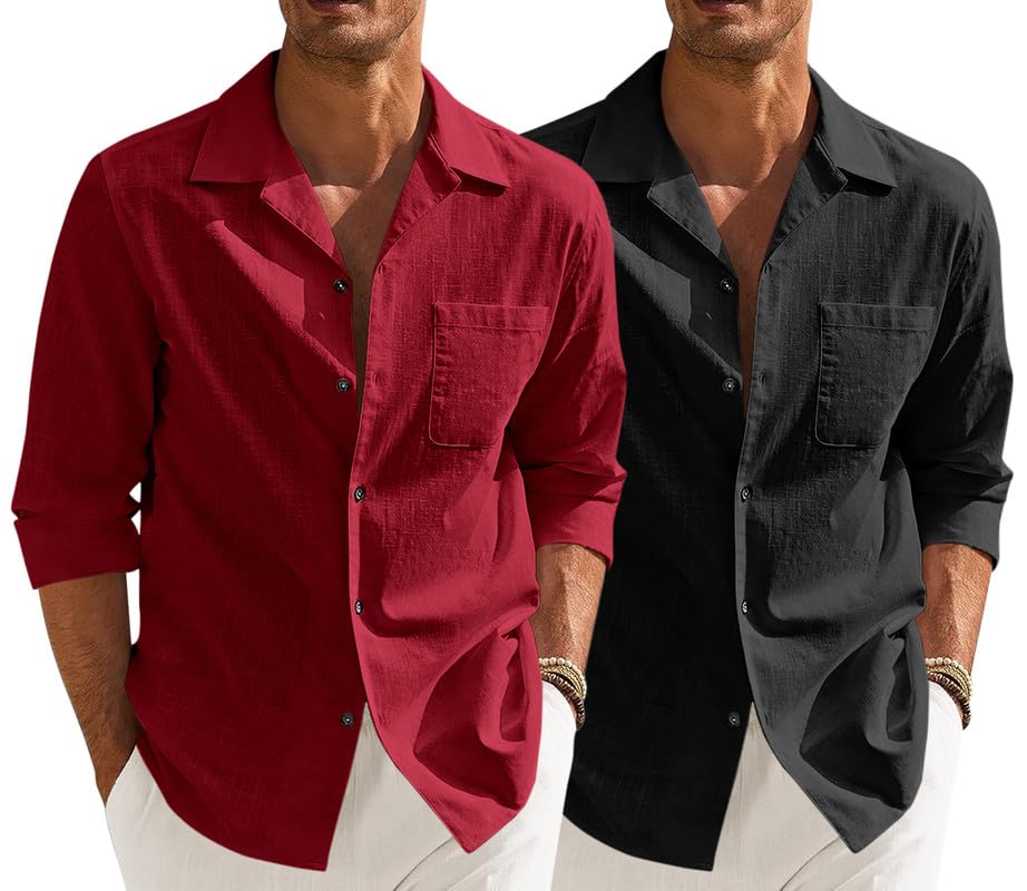 Image of Combo of Men's Casual Cotton Blend Shirt || Long Sleeve Button Down with Spread Collar | Lightweight Breathable Fabric | Stylish Solid Shirt for Beach, Office & Everyday Wear Pack of 2