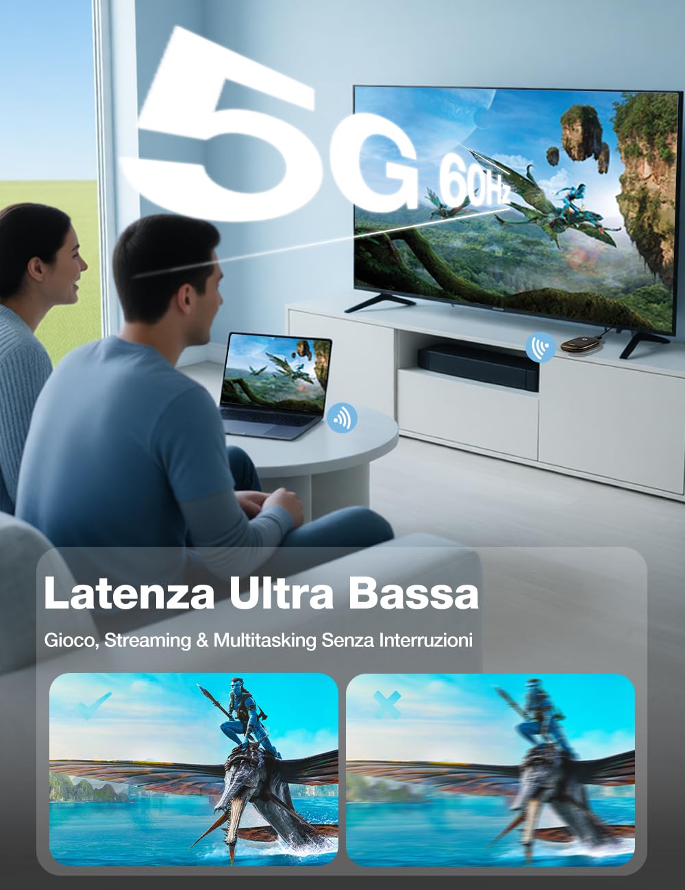 AIMIBO Adattatore Display Wireless con Batteria 5000mAh, Porte HDMI e USB-C, Decodifica 4K 1080P@60Hz, Dongle HDMI Supporta AirPlay Miracast DLNA per Smartphone Laptop a Occhiali AR TV Proiettore, 30m