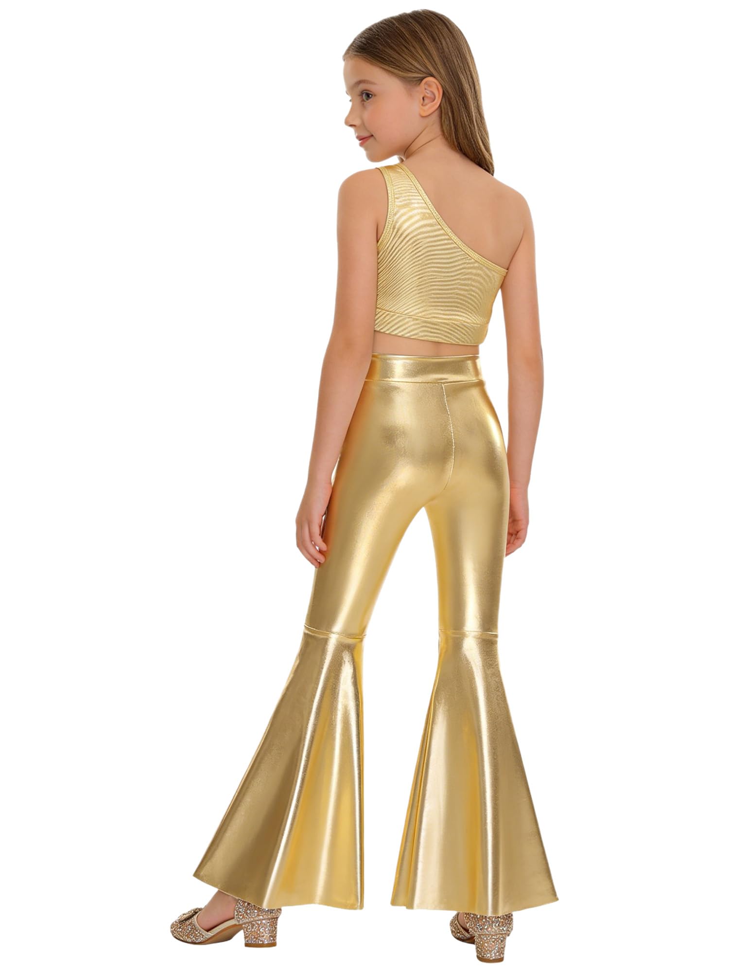Bambina Costume da Danza Disco Metallico e Brillante con Crop Top Monospalla e Pantaloni Evasati per Performance Festa a Tema
