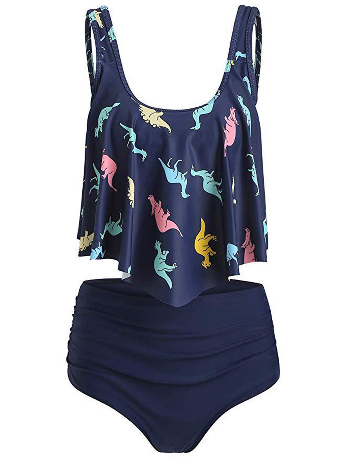 JMSUN Damen Tankini Set 2-teilig Dinosaurier Motiv Bauchkontrolle Volants hoher Bund