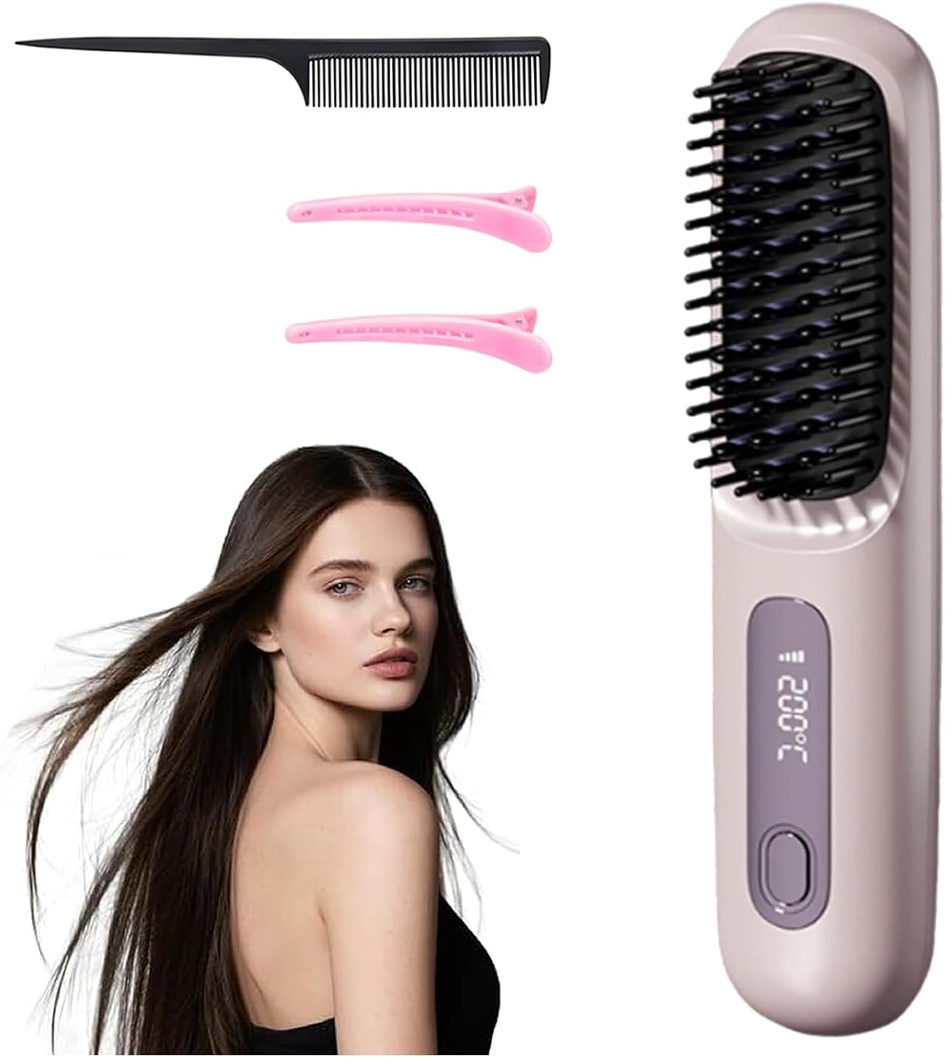 Go Brush Pro 2025 New Cordless Hair Straightener Brush - 199 Million Negative Ions, Compact & Travel-Friendly with LED Display, 4000mAh Rechargeable, Anti-Scald Mini Hot Comb for Women (Purple)