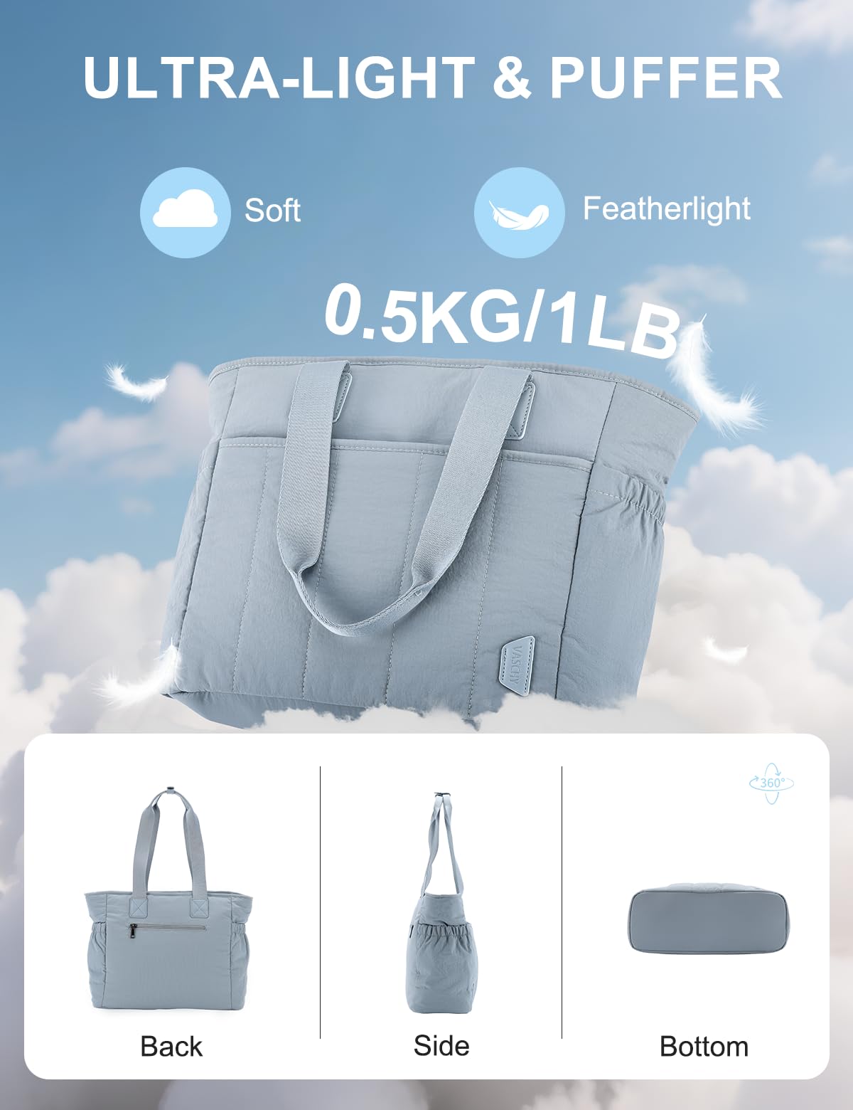 VASCHY Puffer Tote Bag dla kobiet, pikowana torba na ramię z kieszenią na ramię