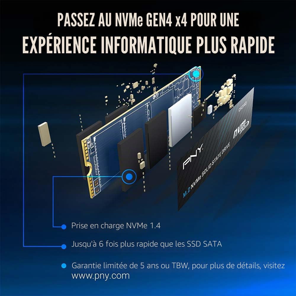 PNY CS2140 SSD Interne M.2 NVMe Gen4 x4 1To, jusqu'à 3600 Mo/s - M280CS2140-1TB-RB