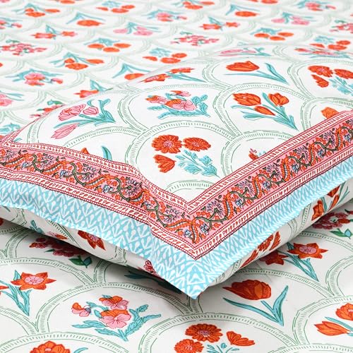 Image of DE CAMA Since 1997 | 100% Cotton 300 TC Premium King Size Bedsheet for Double Bed (90 x 108 Inch) with 2 Pillow Covers Set (17 x 27 Inch) Hand Block Printed Bedsheet Set - Orange