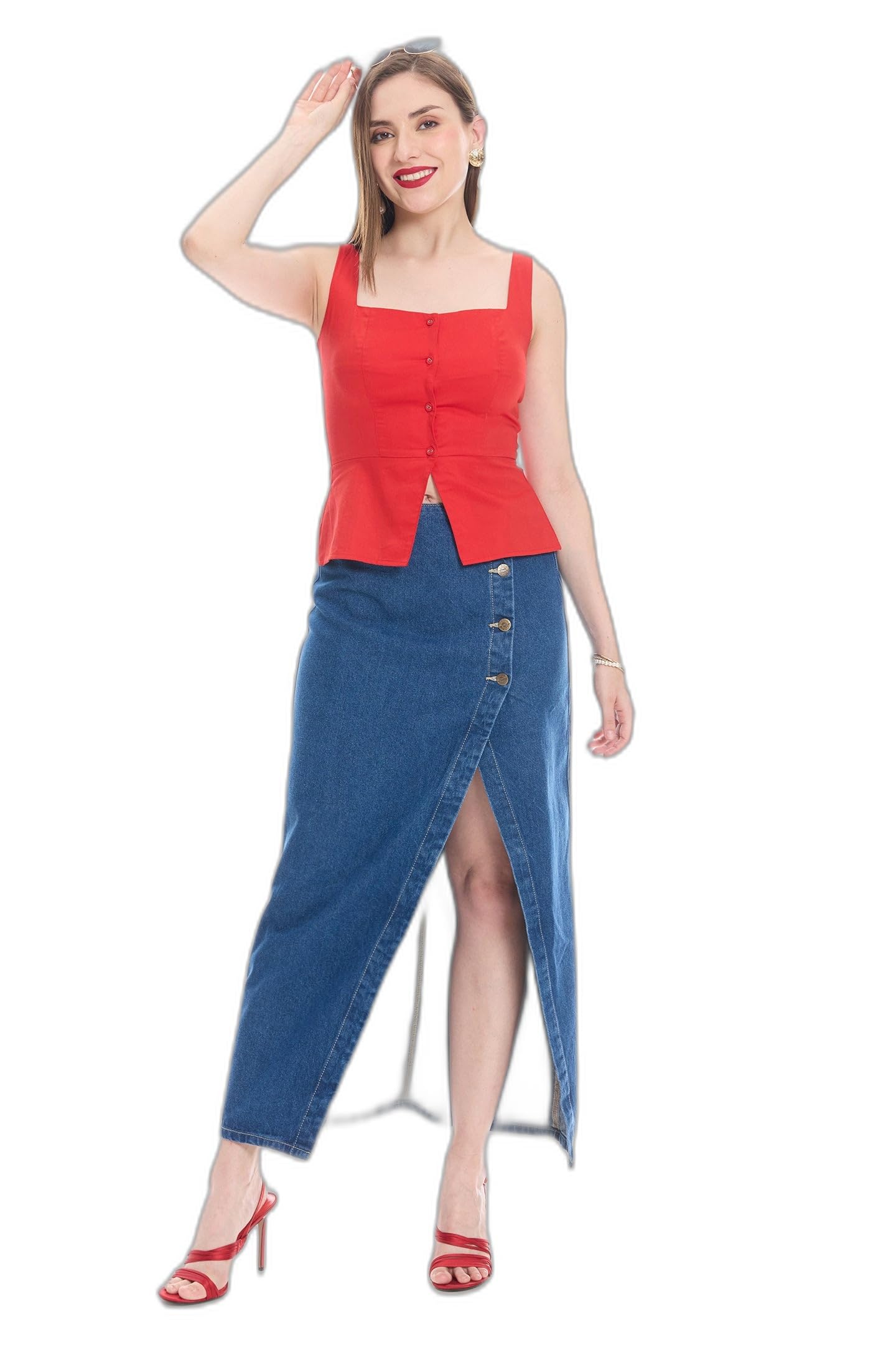 virgio Women's Red Waistcoat Top with Square Neckline | Peplum Design | V-Shaped Hem | Front Button Closure | Regular Fit for Parties, Dinners & Special Occasions-picture-41