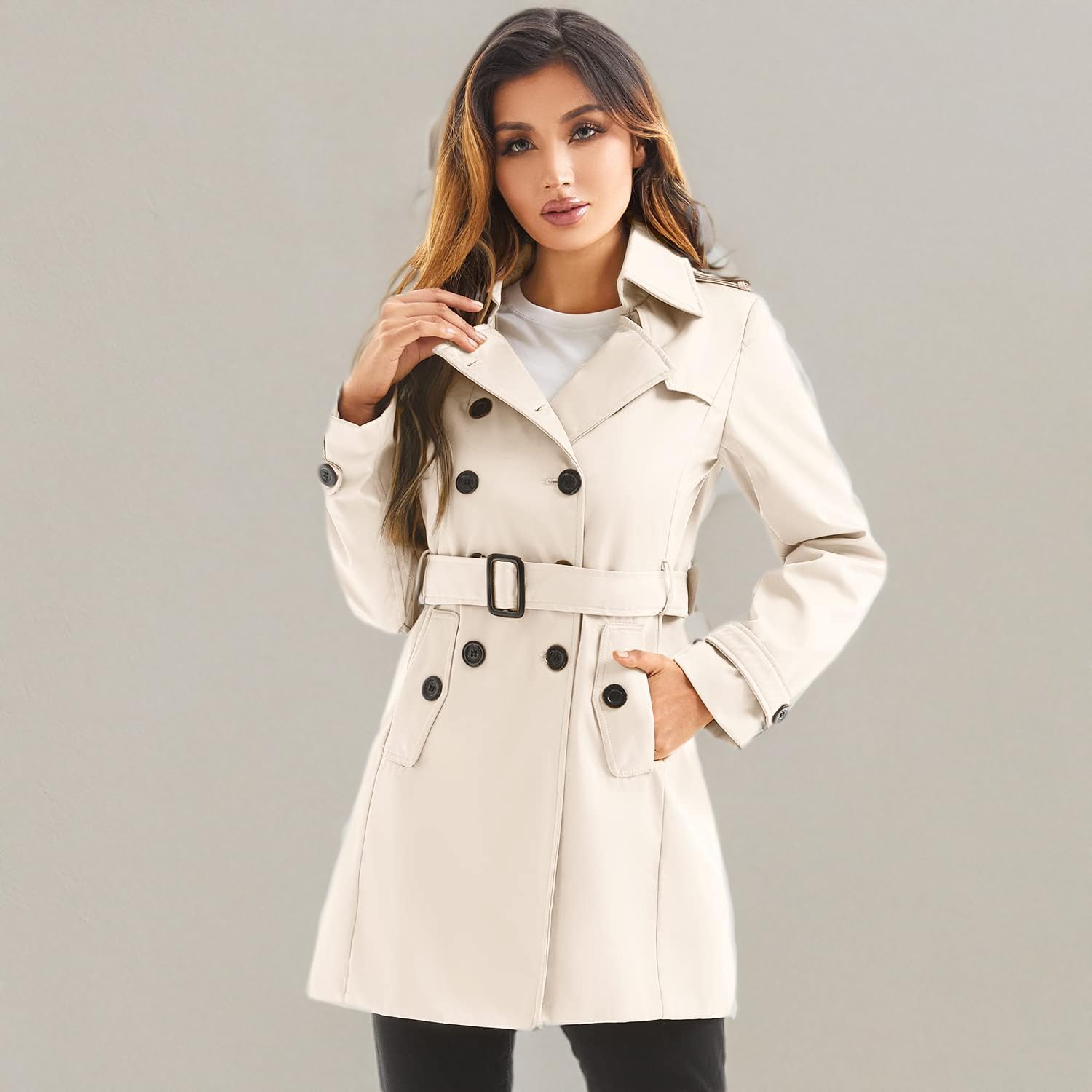 Women's Waterproof Trench Coat Double-Breasted Classic Lapel Petite Overcoat Belted Slim Outerwear Coat - Image 8