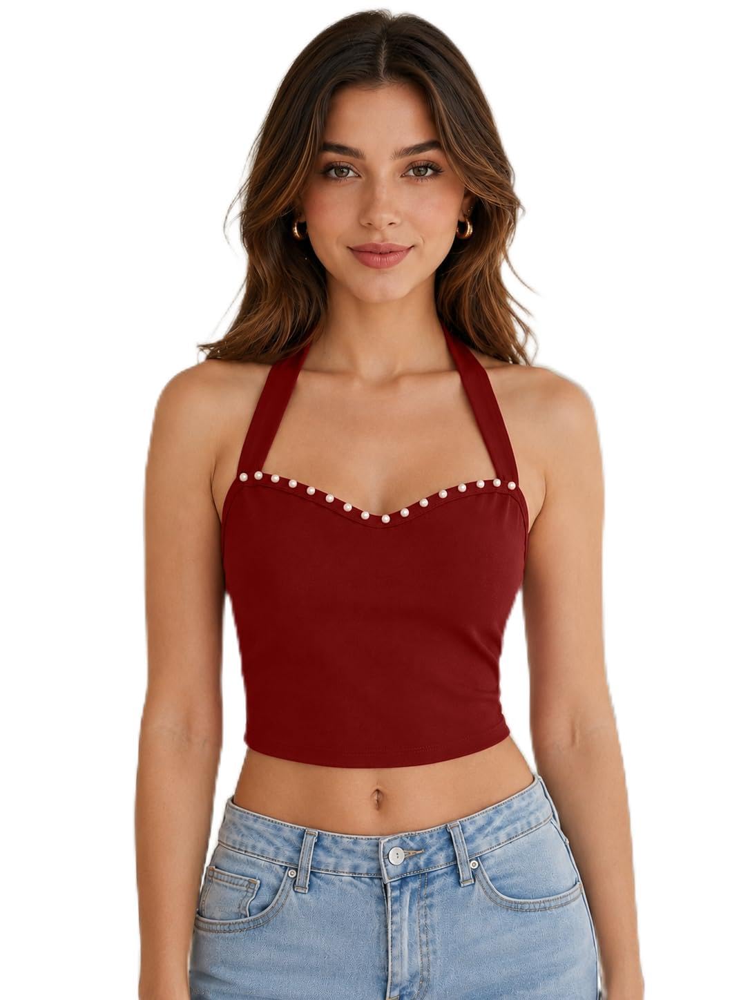 tivante Solid Sweetheart Neck Pearl Embellished Crop Top with Halter Strap || Halter Neck Tops for Women Stylish || Crop top for Women Stylish Western-picture-22
