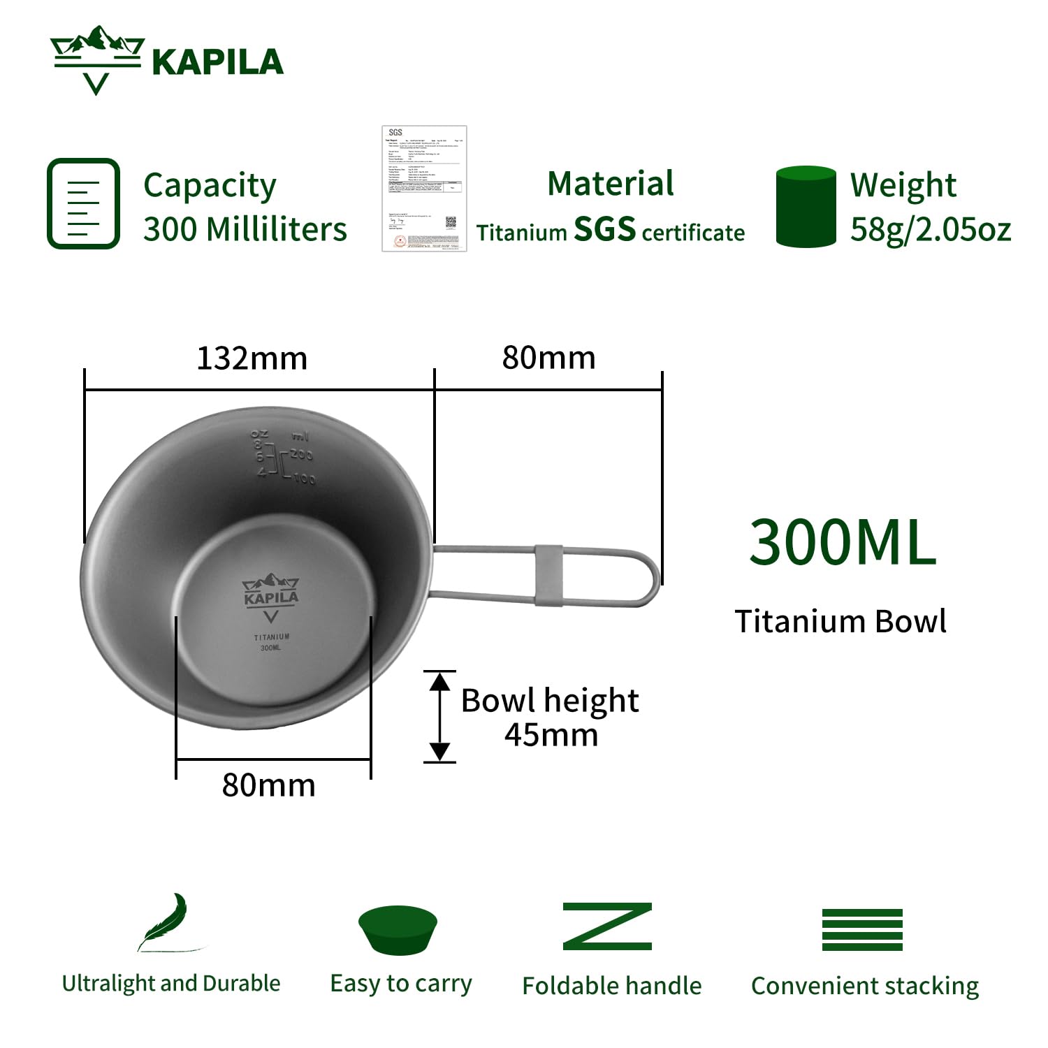 KAPILA 300ml Titanium Bowl with Folding Handle Outdoor Camping Picnic Dishes Portable Tableware