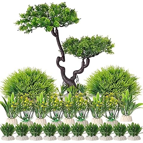 BEGONDIS 25Pcs Artificial Aquarium All Green Tree & Plants Set, Artificial Plastic Plants Fake Aquatic Plants Artificial Fish Tank Plants for Aquarium Decorations Cover