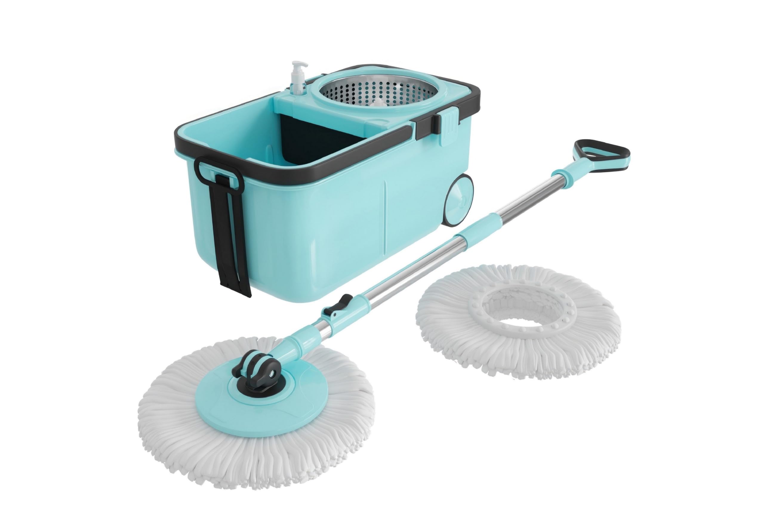 BonKaso Rider 360° Spin Mop with Stainless Steel Wringer, Big Wheels & Adjustable Handle, Easy Floor Cleaning Mop Bucket Set with 2 Microfiber Refills – Sky Blue & Black discount deal