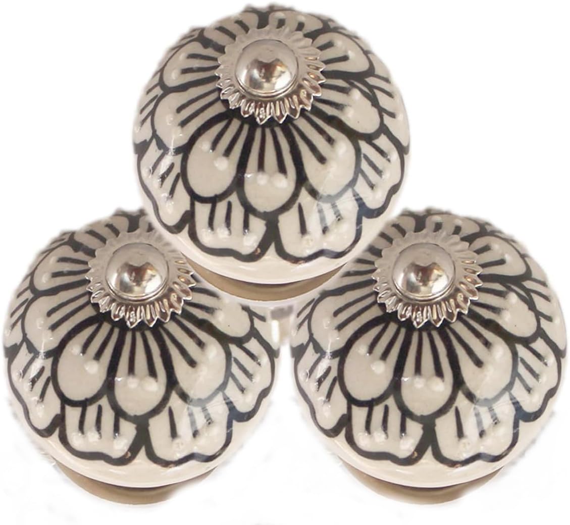 PARIJAT HANDICRAFT Pack of 10 Hand Painted Beautiful Floral Design Black & White Pumpkin Ceramic Door Knobs Cupboard Wardrobe Cabinet Drawer Pulls Door Knobs