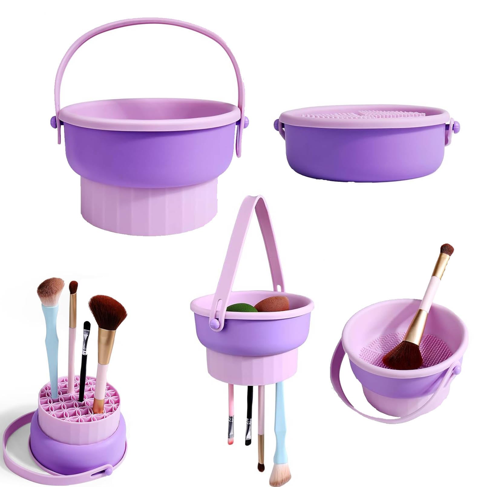 Limpieza de brochas de maquillaje 3 en 1,limpiador de brochas de maquillaje,soporte de silicona para brochas de maquillaje,alfombrilla limpiadora de brochas de maquillaje plegable con cordón (púrpura)
