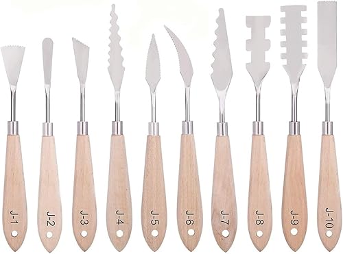 Juego de cuchillos de pintura  10 piezas de espátula de acero inoxidable, herramientas de pintura, cuchillos de metal, mango de madera con