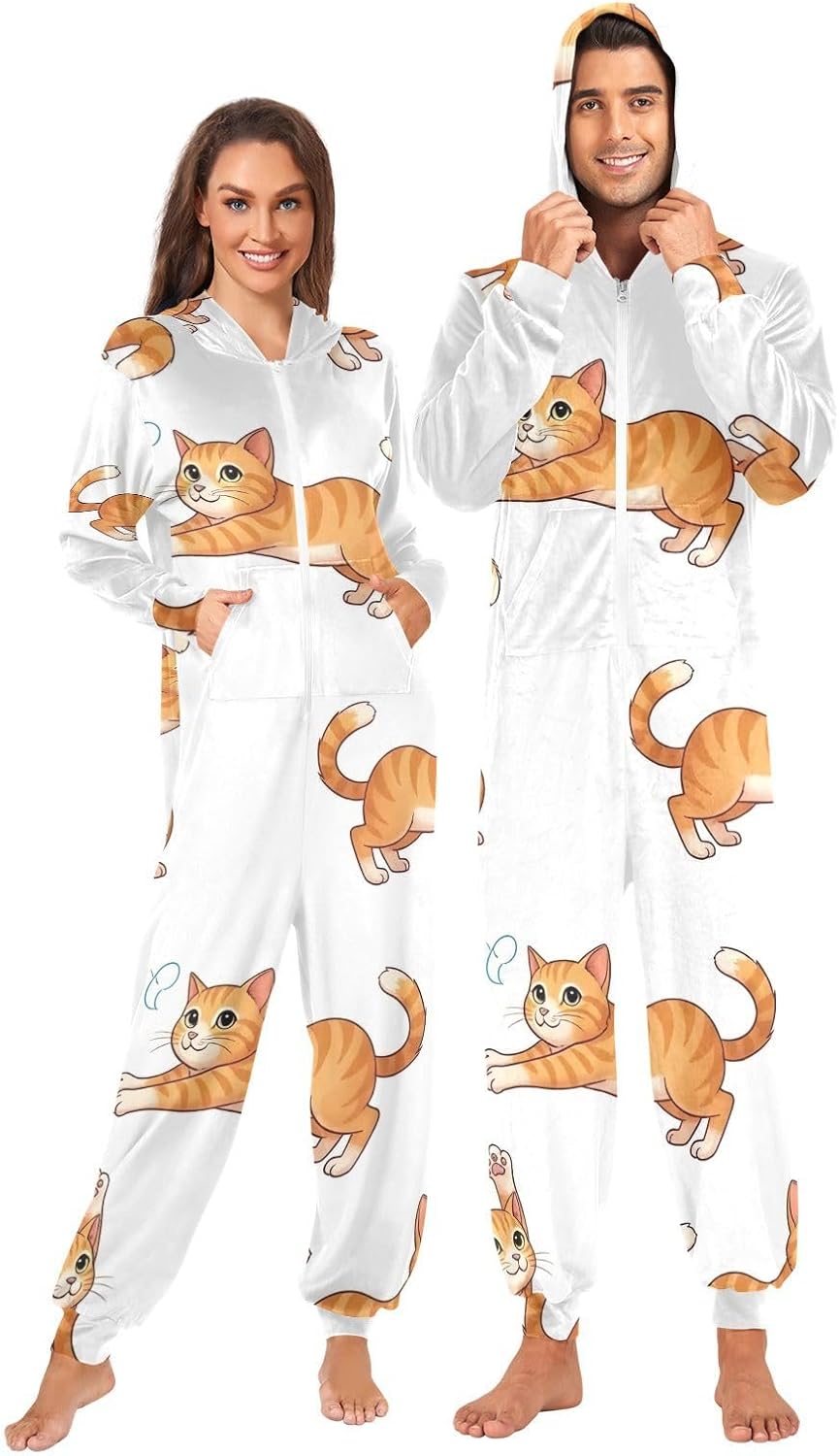 GAIREG Cute Orange Cat White Pajama Onesie Adult Men Women, Funny Hooded One-Piece Pajamas