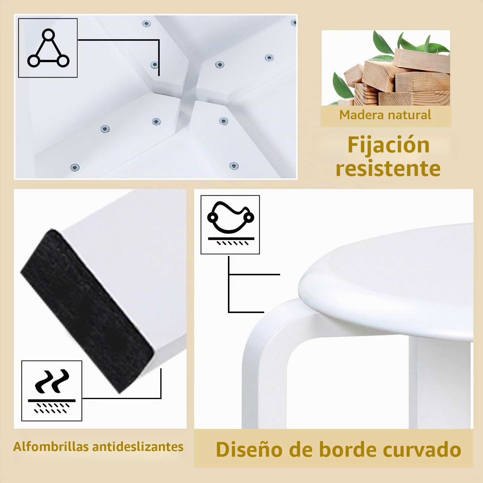 Yawinhe 42cm Taburetes Redondos de Madera,2 Pack Taburete Apilable,Blanco | Sillas de Cocina,Taburetes de Bar Silla,Apilable de Madera Antideslizante,Taburete Pequeño para Comedor,Escuela