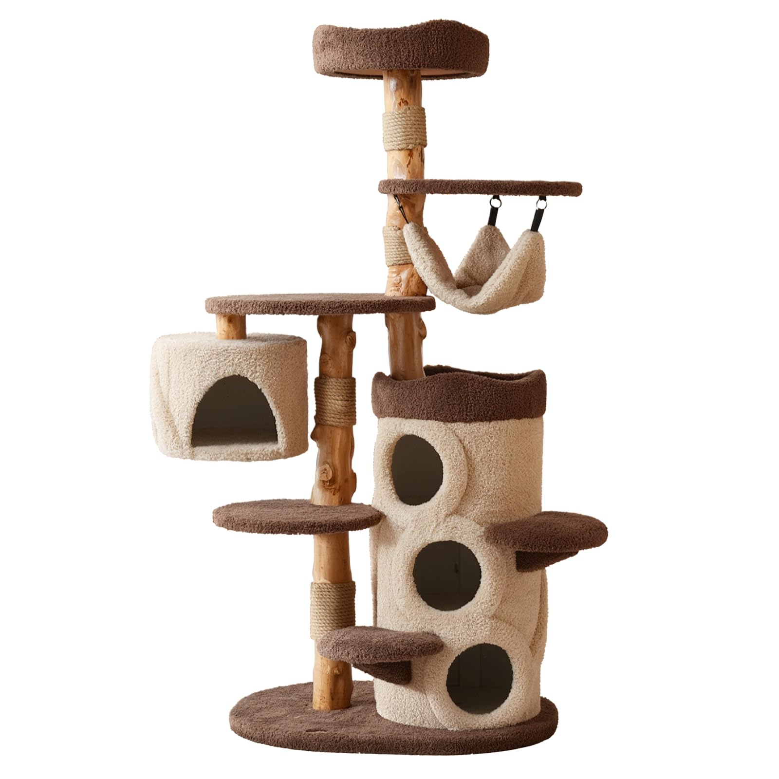68 Inch Tall Mid Century Modern Solid Wood Cat Tree Tower for Indoor Cats Large Adult, Sturdy Heavy-Duty Cat Condo with Scratching Post, Perch, Scratcher, Platform, Cozy Hideaway (Brown, 68“H)