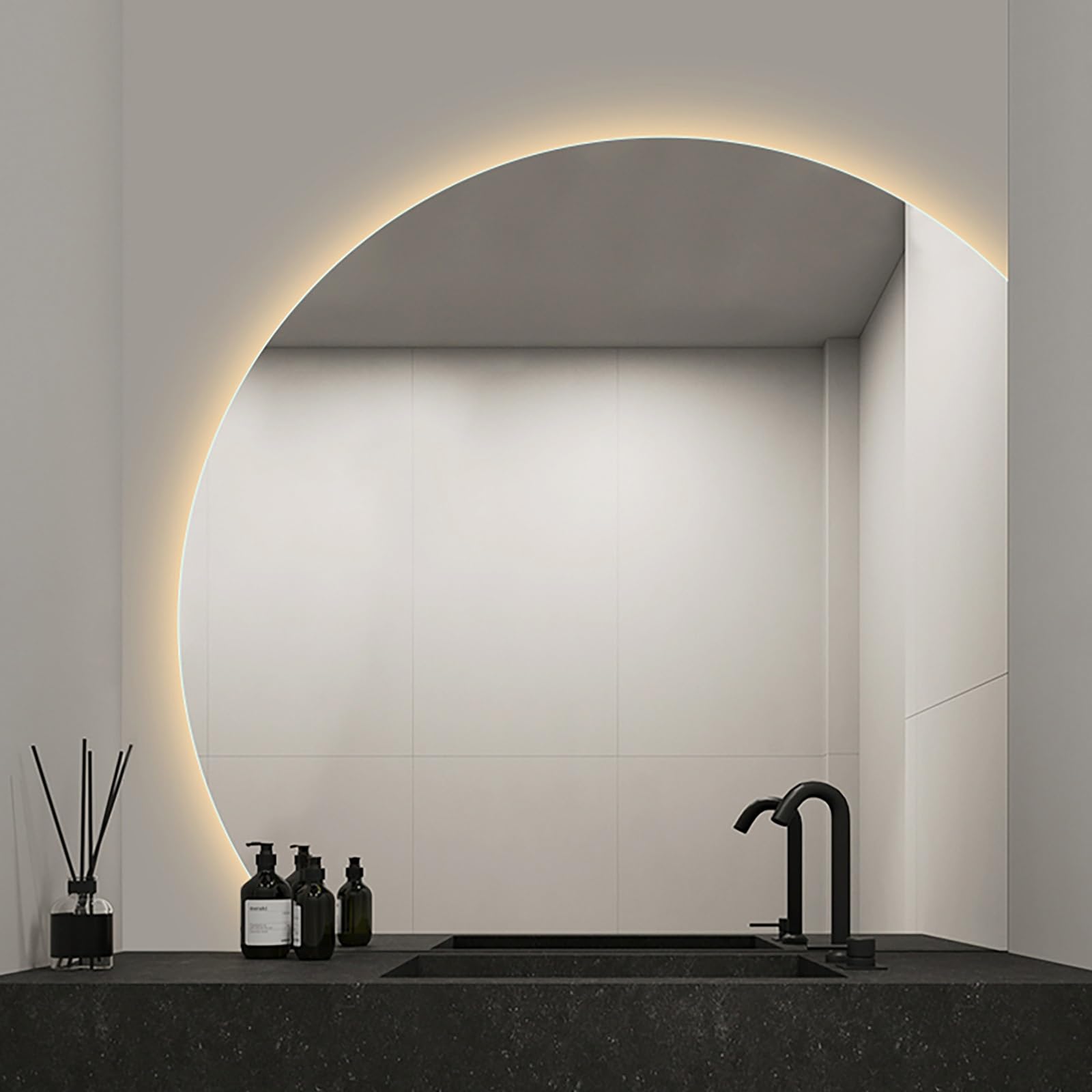 SXFSDOU 28" 32" 36" 40" Half Moon Backlit Lighted Vanity Mirror for Bathroom, Anti-Fog, 3 Colors, Dimmable Brightness Smart Light Up Bathroom Mirror(Right Under Cut,32inch/80cm)