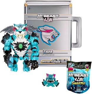 Mr. Beast Lab 6.5 Inch Collector Tiger Articulating Figure in Signature Briefcase with Mini 1 inch Swarms Mystery Collectable Toy Figure Gift Bundled Set