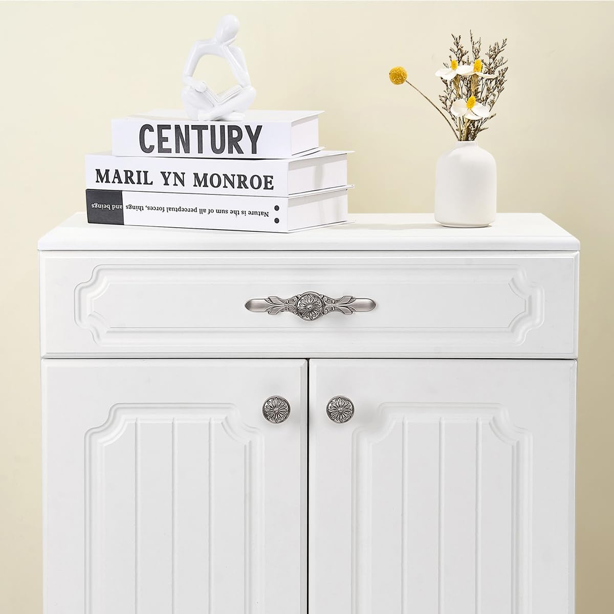 20 Pack Round Silver Drawer Pulls with Backplate - 1.22?Knob & 5.8?Plate - Urban Drawer Knobs for Kitchen Cabinets Knobs, Decorative Dresser Flower Look, Bathroom Drawer Knobs