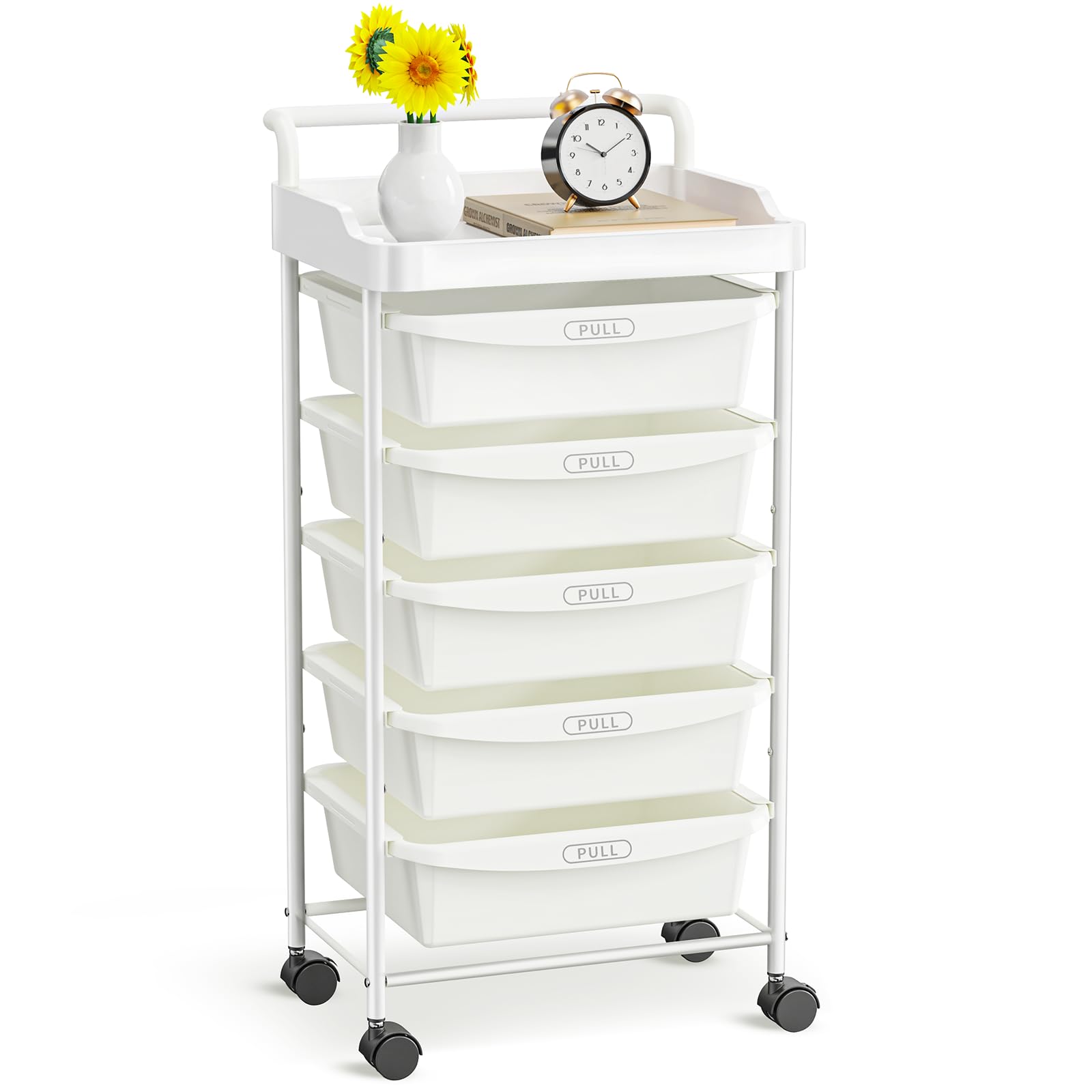Carrello multiuso con 5 cassetti, carrello con cassetti e piano del tavolo, carrello multiuso con ruote bloccabili, organizer per soggiorno, camera da letto, ufficio, scuola, bianco