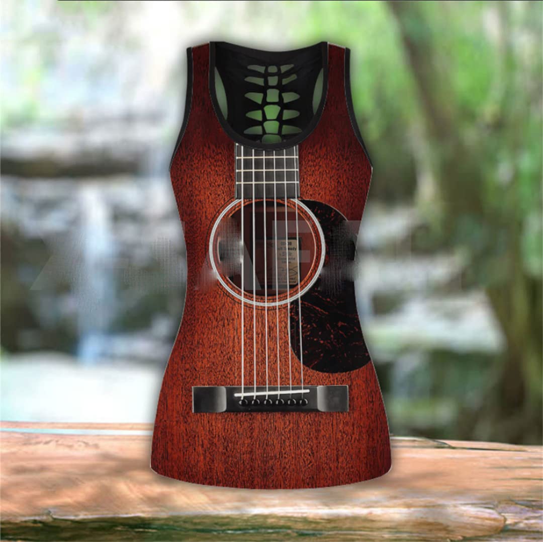 Camiseta sin mangas larga informal con estampado de guitarra en 3D, mallas de cintura alta, traje para niñas, chaleco calado de verano Outfit M