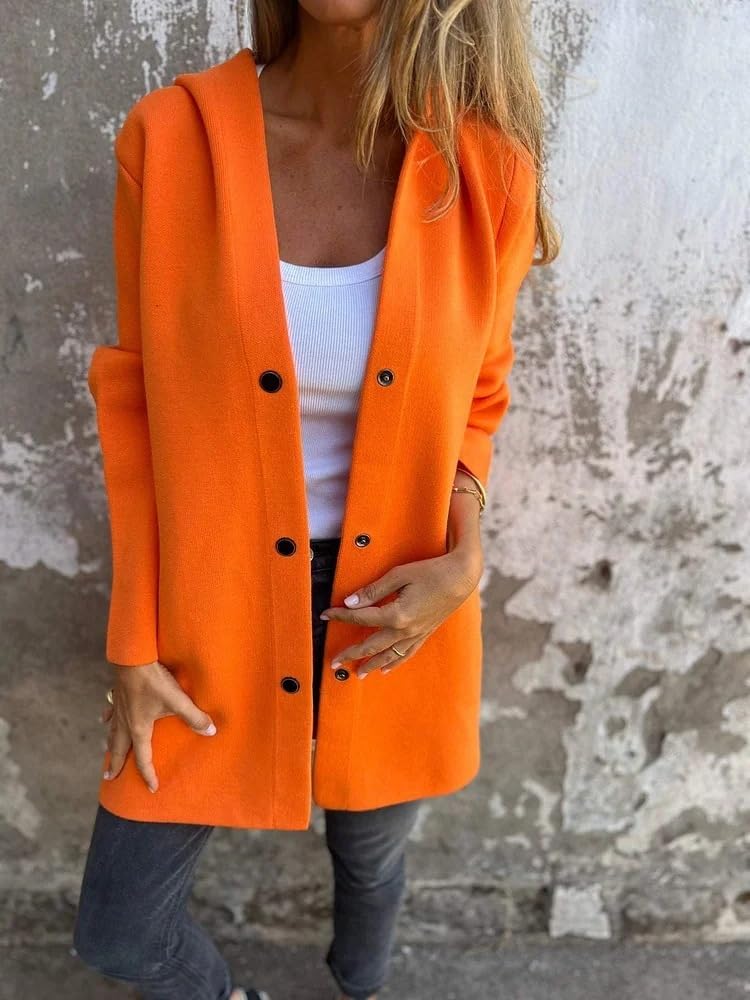 Genérico Casual Single Breasted Hooded Jacket for Autumn,Womens Casual Solid Color Coat Jackets Single-Breasted Mid Length