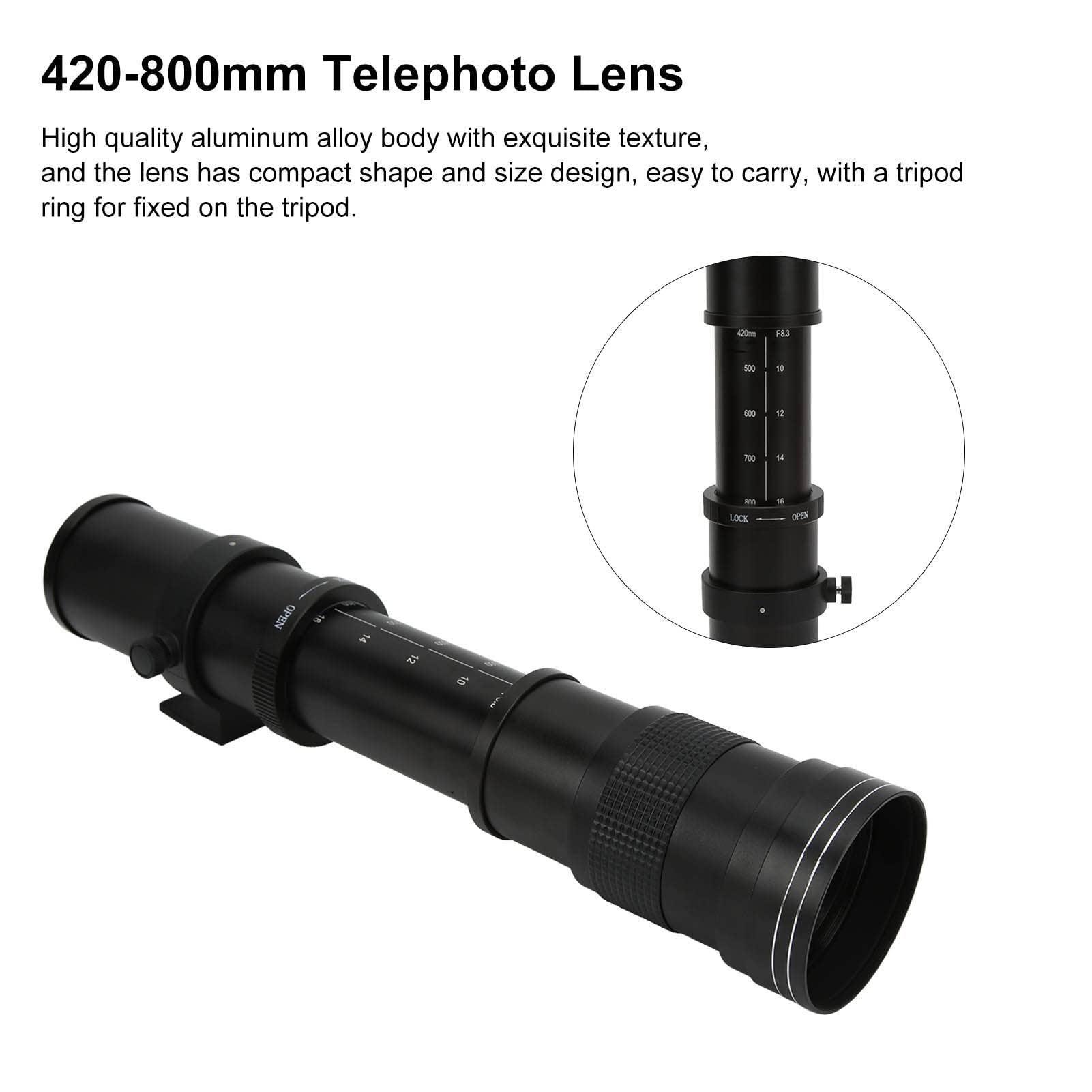 Fotocamere digitali e accessori 420‑800mm F8.3‑16 Teleobiettivo zoom manuale per fotocamera con anello adattatore per fotocamere AF 27 * 9 * 9 cm obiettivo e accessori