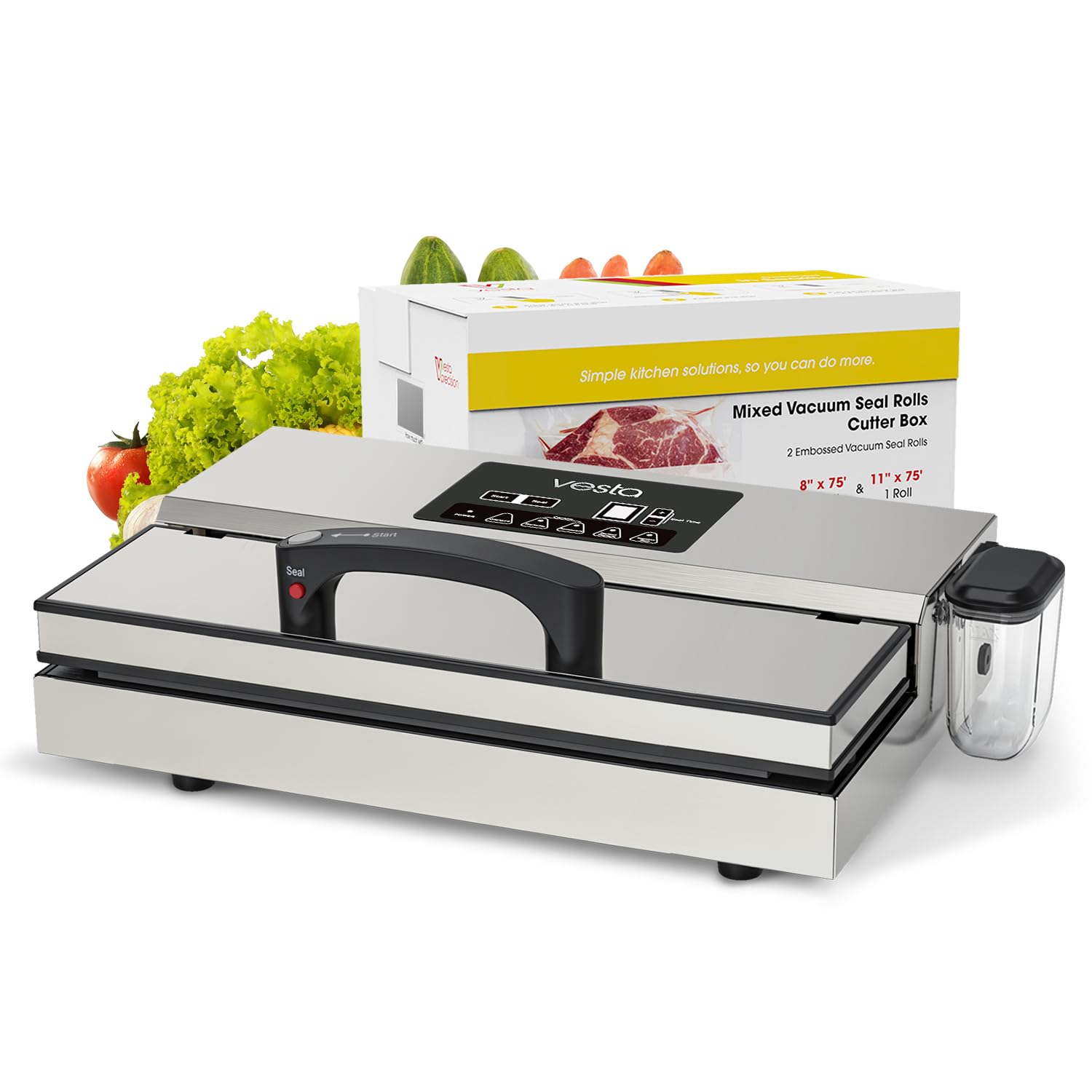 Vesta Precision Commercial Vacuum Sealer Machine, 16" Wide Sealing Bar & Smart Seal Design, 550W Powerful 95kPa Vacuum Sealer Built-in Canister
