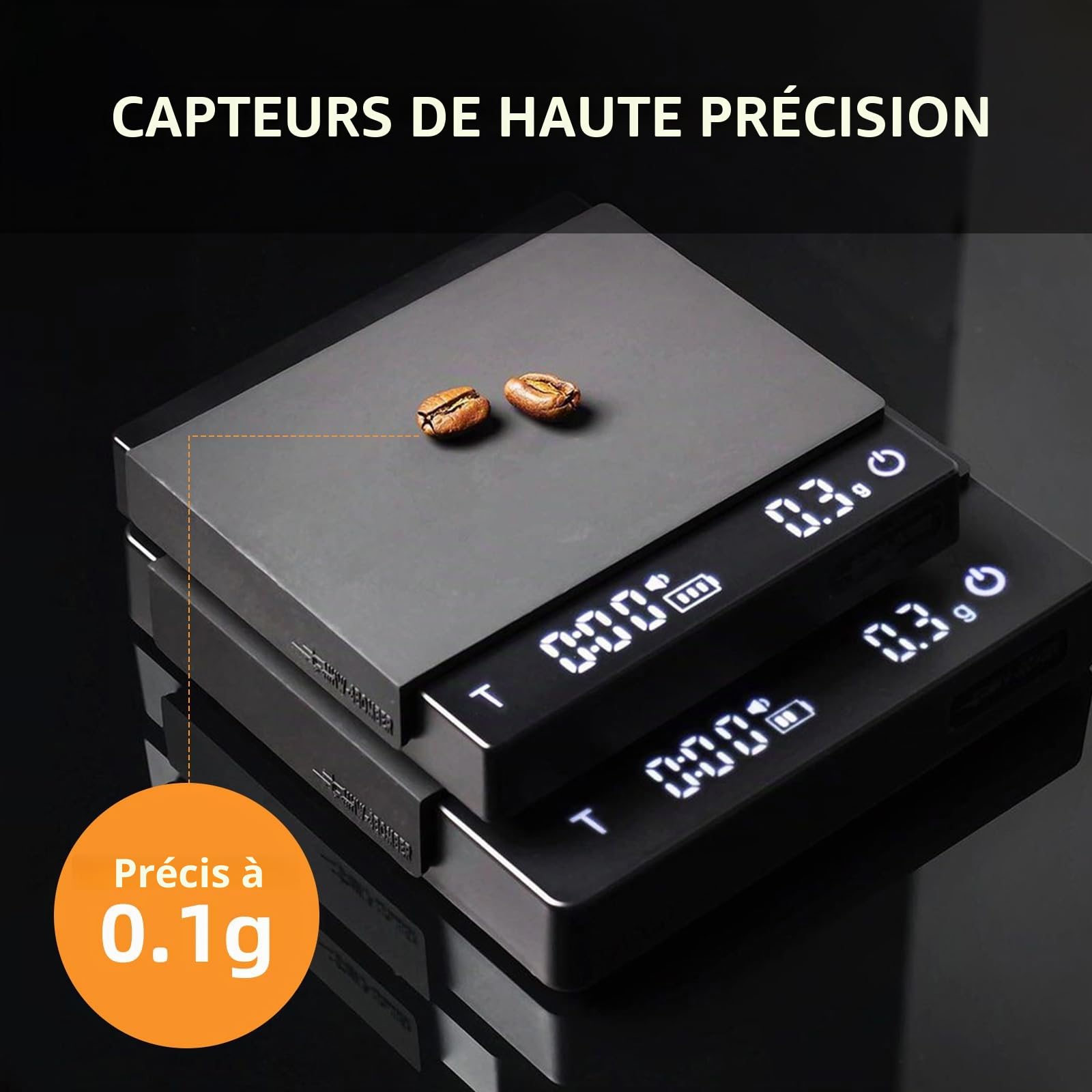 MHW-3BOMBER Mini balance à café avec minuteur, balance à expresso rechargeable avec capteur de gravité, 2 kg/0,1 g, balance de précision pour expresso et café pour, balance de cuisine numérique, noir