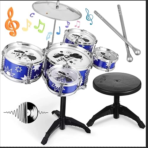 Kids Drum Set,Jazz Drum Musical Toys, 5 Drum with Stool Mini Band Rock Set,Toddler Educational Percussion Musical Instrument Drum Toy, Birthday Gift for Kids Gift Set