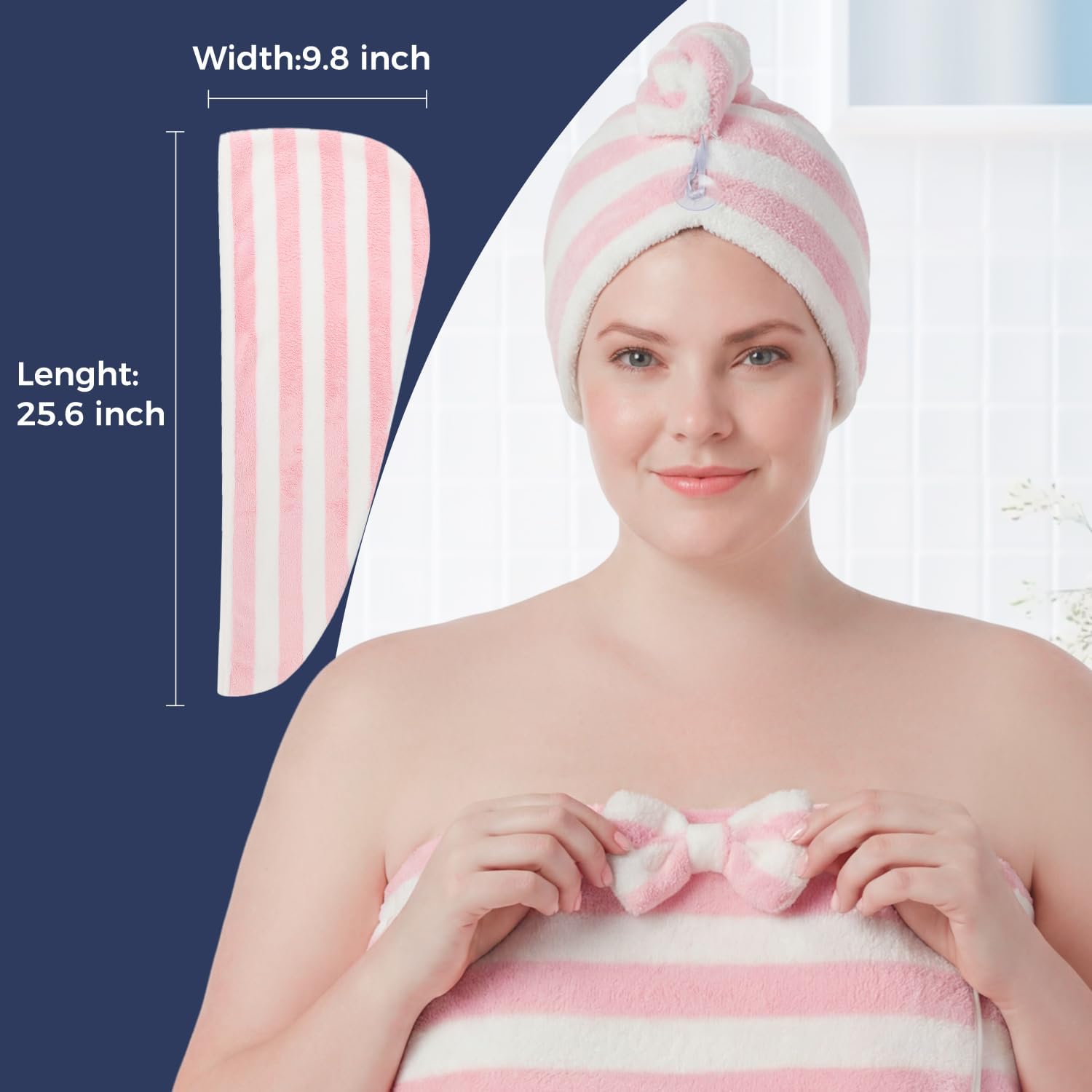 Towel Wrap for Women Plus Size (XL-2XL) with Hair Towel Wrap, Microfiber Bath Wrap Soft & Comfortable Absorb Water Body Wrap Oversized Button Design, Pink Stripe