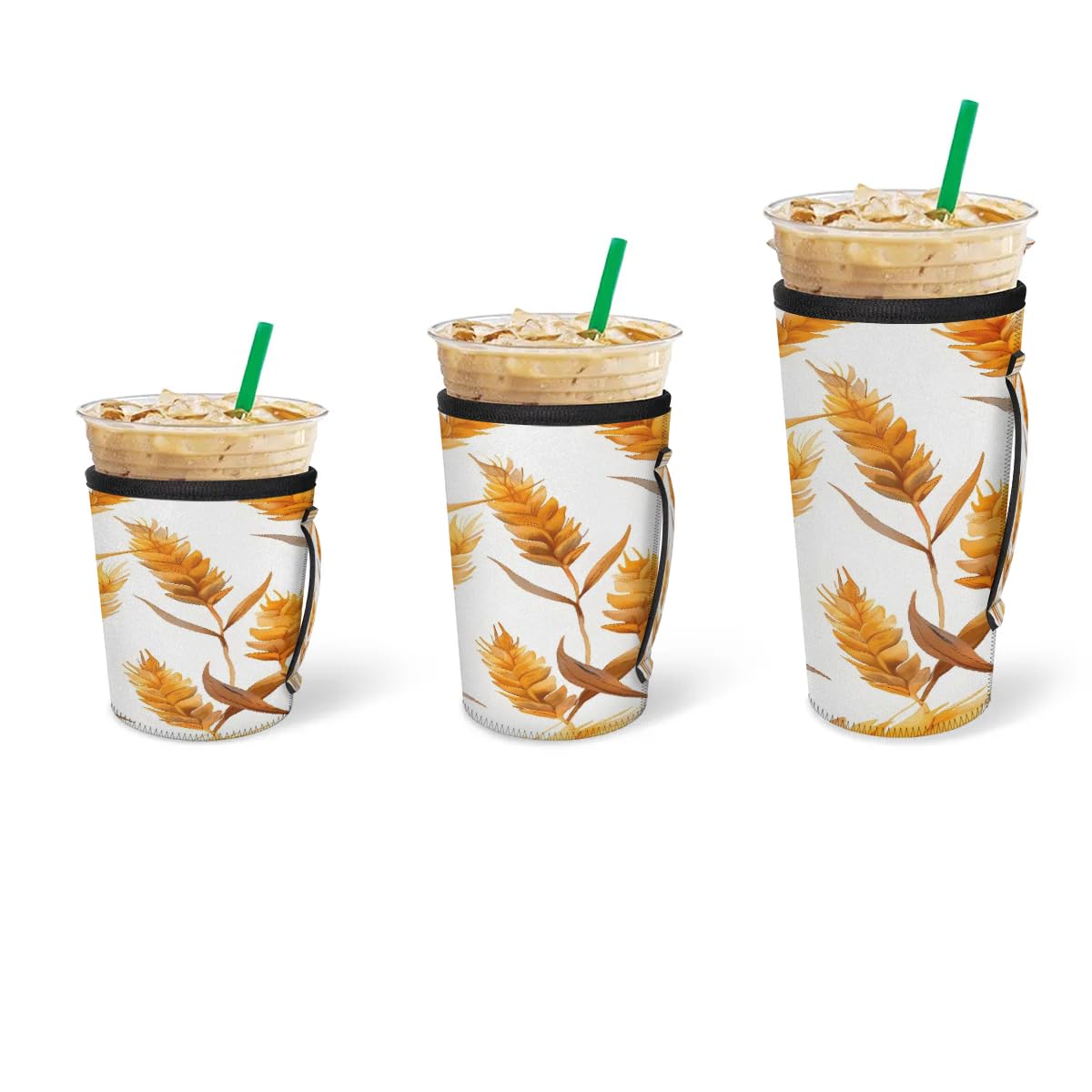 Reusable Iced Coffee Cup Sleeve Wheat Ears Neoprene Insulated Sleeves Cup Holder with handle Idea for 16oz - 18oz