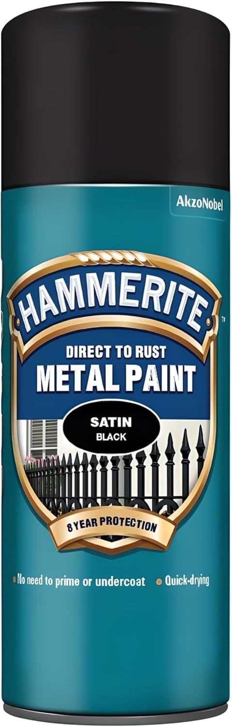 Uhr Urban Home Range Black Aerosol Uhr Hammerite Direct To Rust Metal Paint, Satin Black, Quick-Drying, Durable Finish, No Need For Primer Or Undercoat, Ideal For Gates,Railings, All Metal Surfaces,400Ml