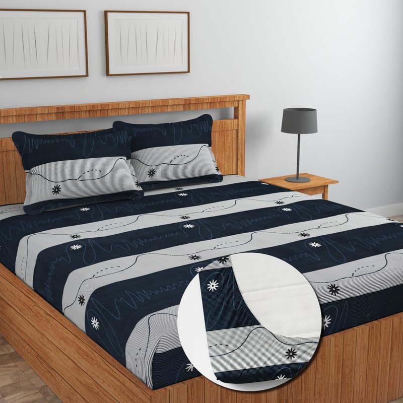 Image of NEW LEAF Cotton Fitted King Bedsheets with 2 Pillow Covers | Elastic Fitted | Wrinklefree | Ultrasoft |Winter Bedsheet 200 to 220 tc Floral | 78x72+8 Inches, Striped Black & White