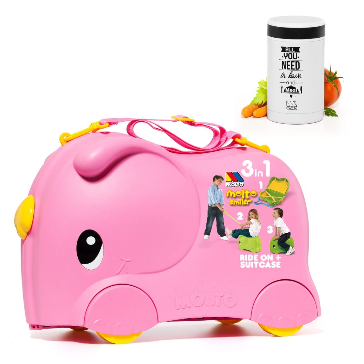 Valigia Smiler Rosa + Thermo 500 ml | Bagaglio da Viaggio Giocattolo Educativo