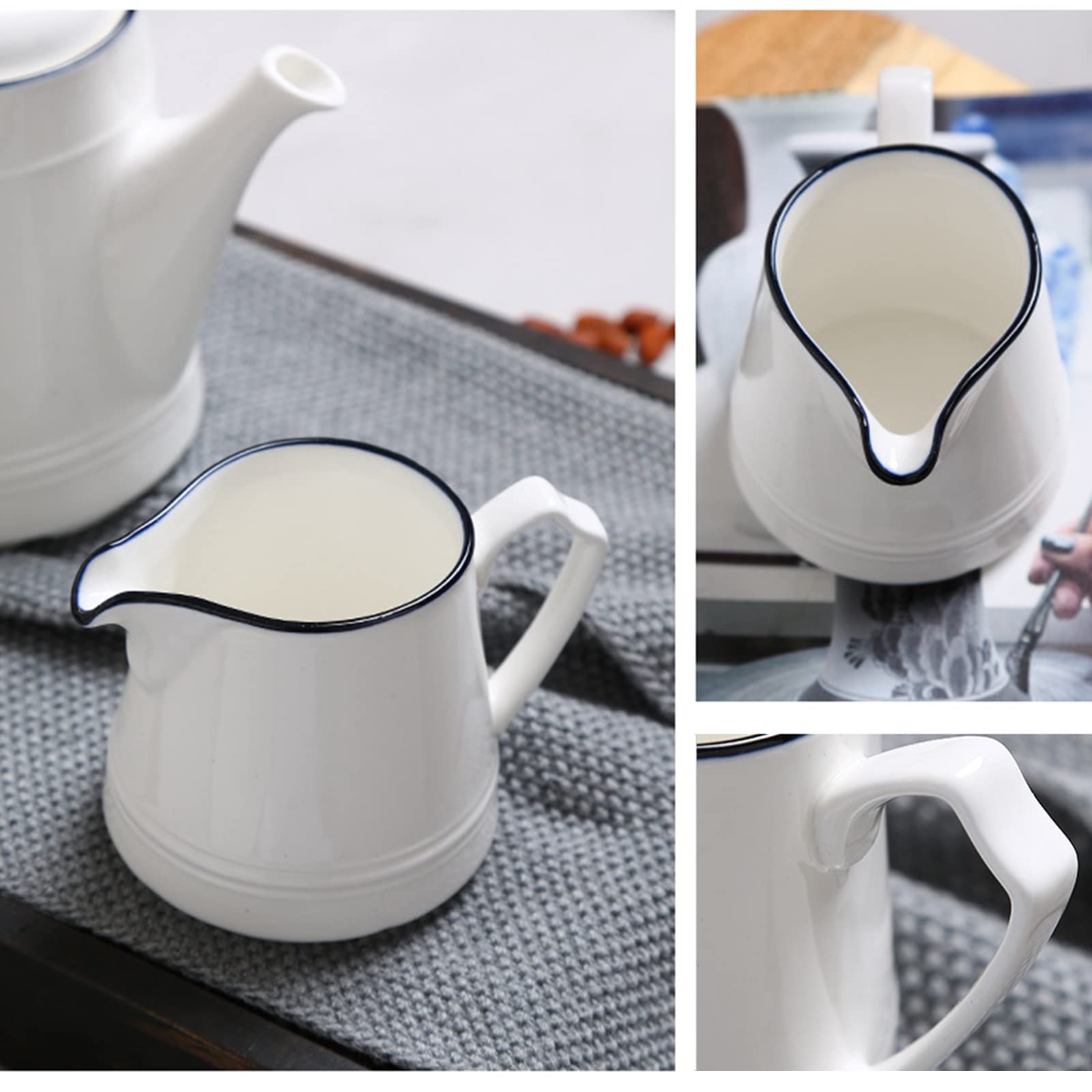 Peohud Juego de 3 creamer y azúcar de porcelana, juego de servir café con jarra de crema, cuchara de café, azucarero con tapa y cuchara, tarro de azúcar para té de la tarde, blanco
